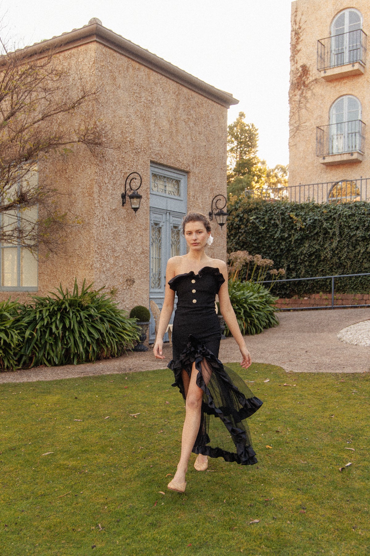 VINTAGE Black Bodycon Dress With Sheer Ruffle Skirt XS/S