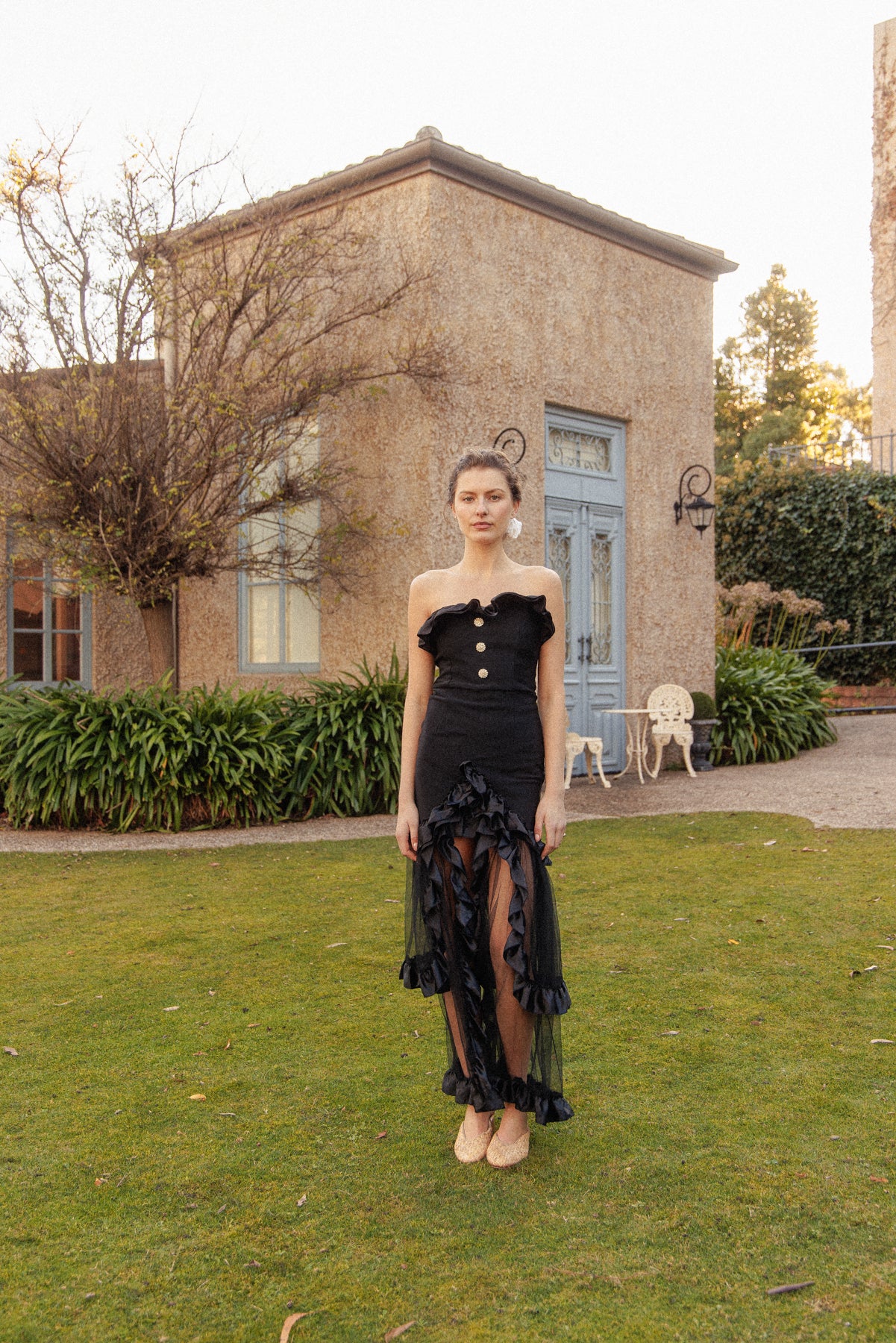 VINTAGE Black Bodycon Dress With Sheer Ruffle Skirt XS/S