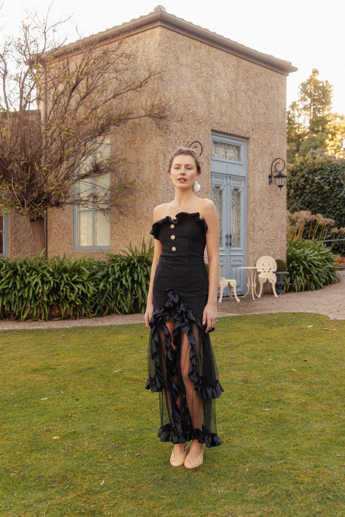 VINTAGE Black Bodycon Dress With Sheer Ruffle Skirt XS/S