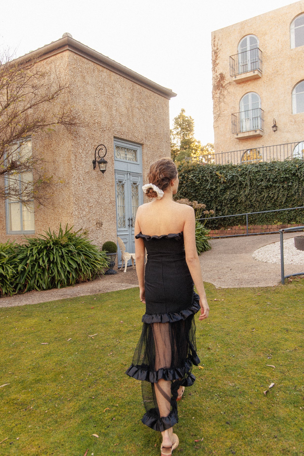 VINTAGE Black Bodycon Dress With Sheer Ruffle Skirt XS/S