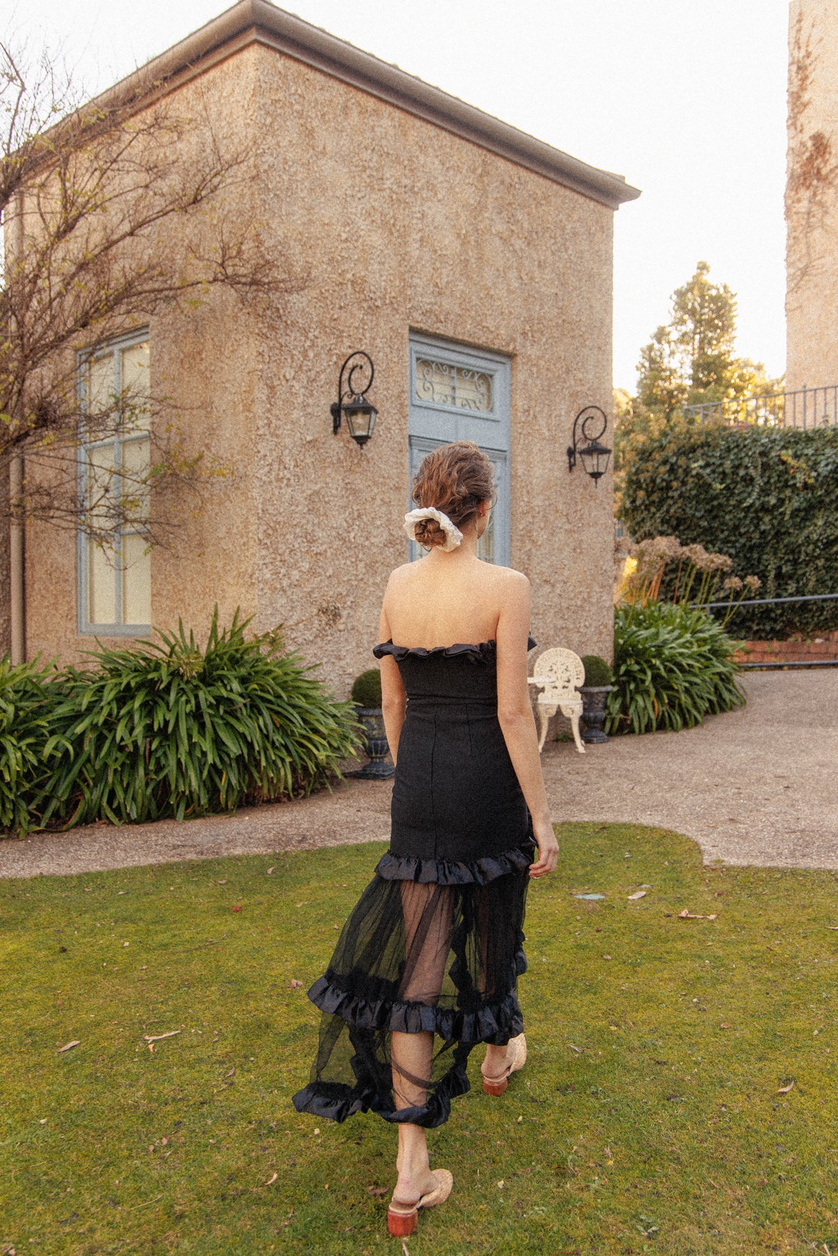 VINTAGE Black Bodycon Dress With Sheer Ruffle Skirt XS/S