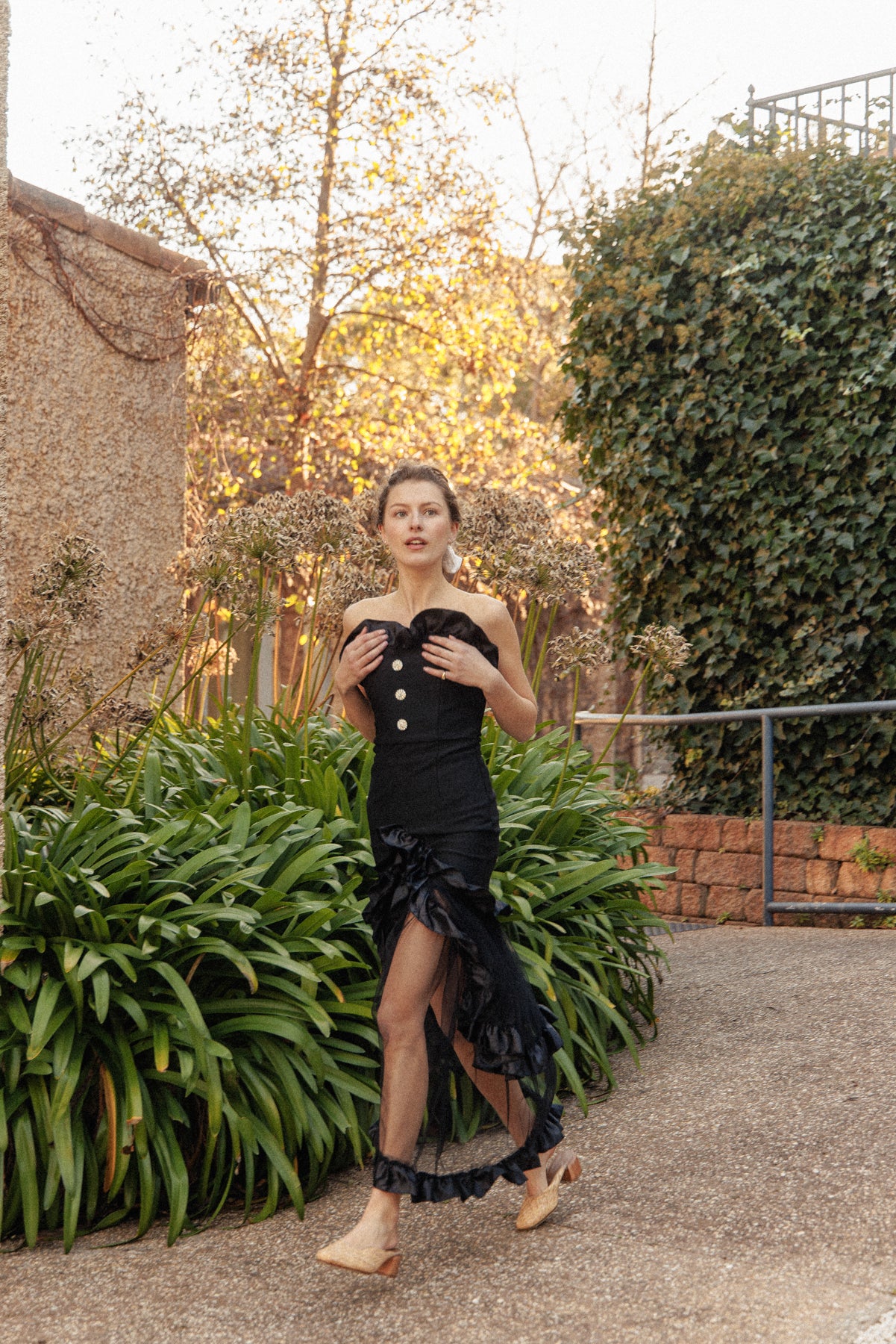 VINTAGE Black Bodycon Dress With Sheer Ruffle Skirt XS/S