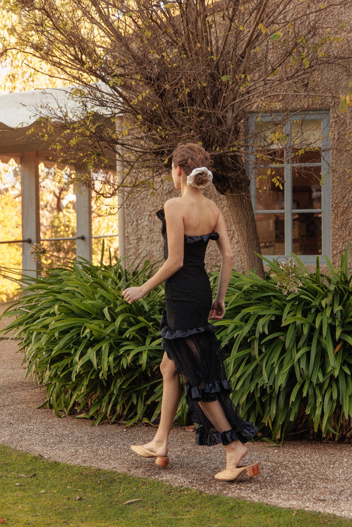 VINTAGE Black Bodycon Dress With Sheer Ruffle Skirt XS/S