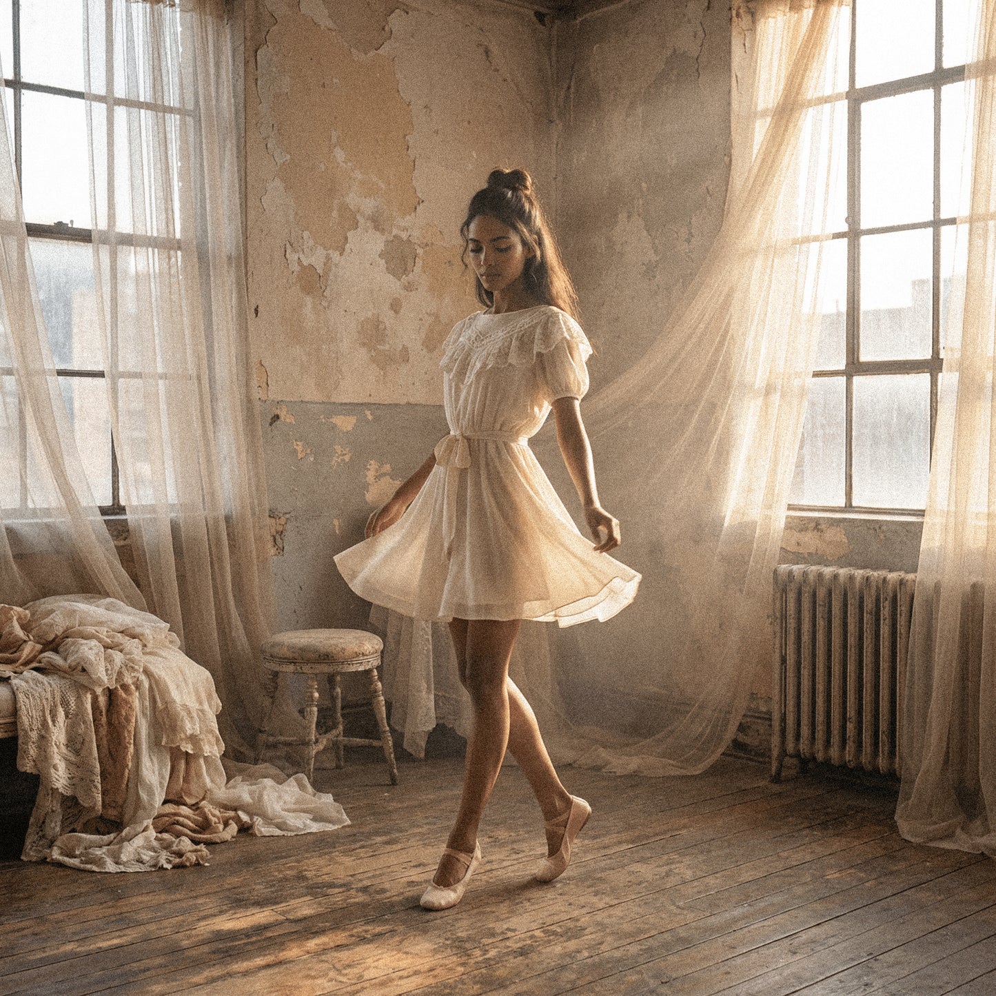 VINTAGE 100% Silk Ivory Chiffon Lace Yoke Mini Dress S/M/L