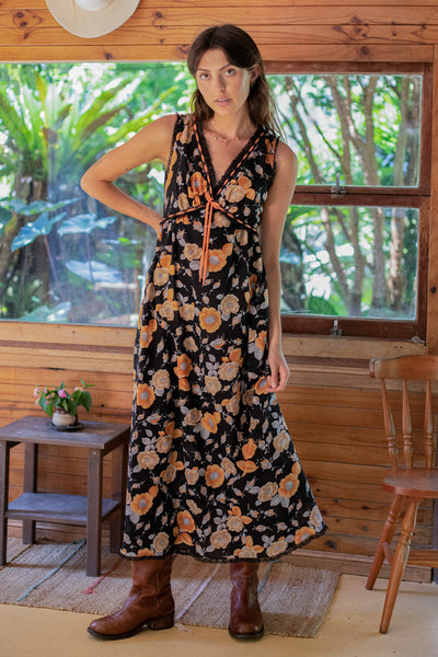 VINTAGE 1970's Black and Orange Floral Nightgown Dress S/M/L