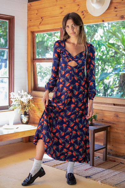 VINTAGE 1970's Floral Printed Keyhole Maxi Dress S