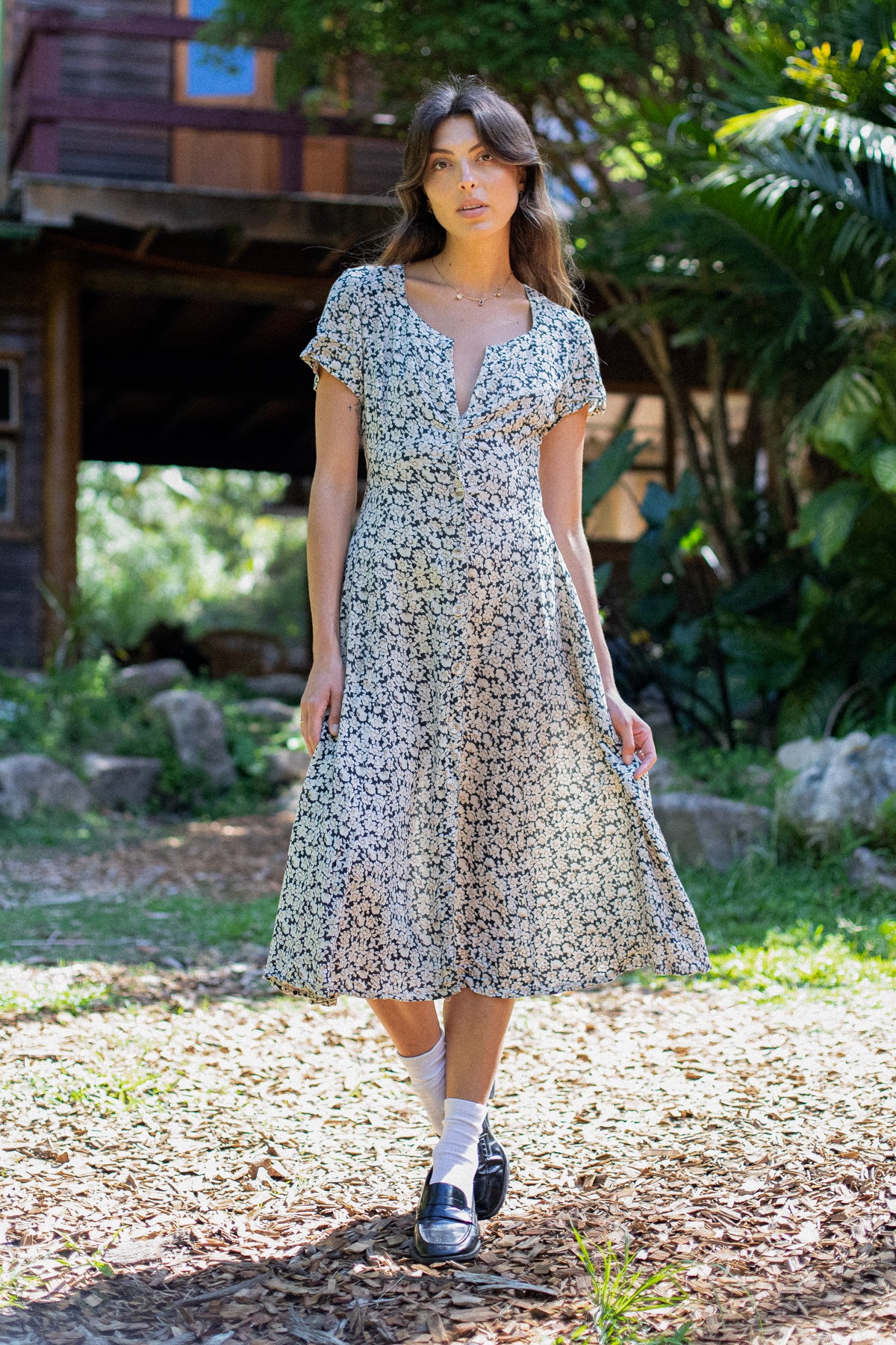 VINTAGE Floral Button Down Midi Day Dress S