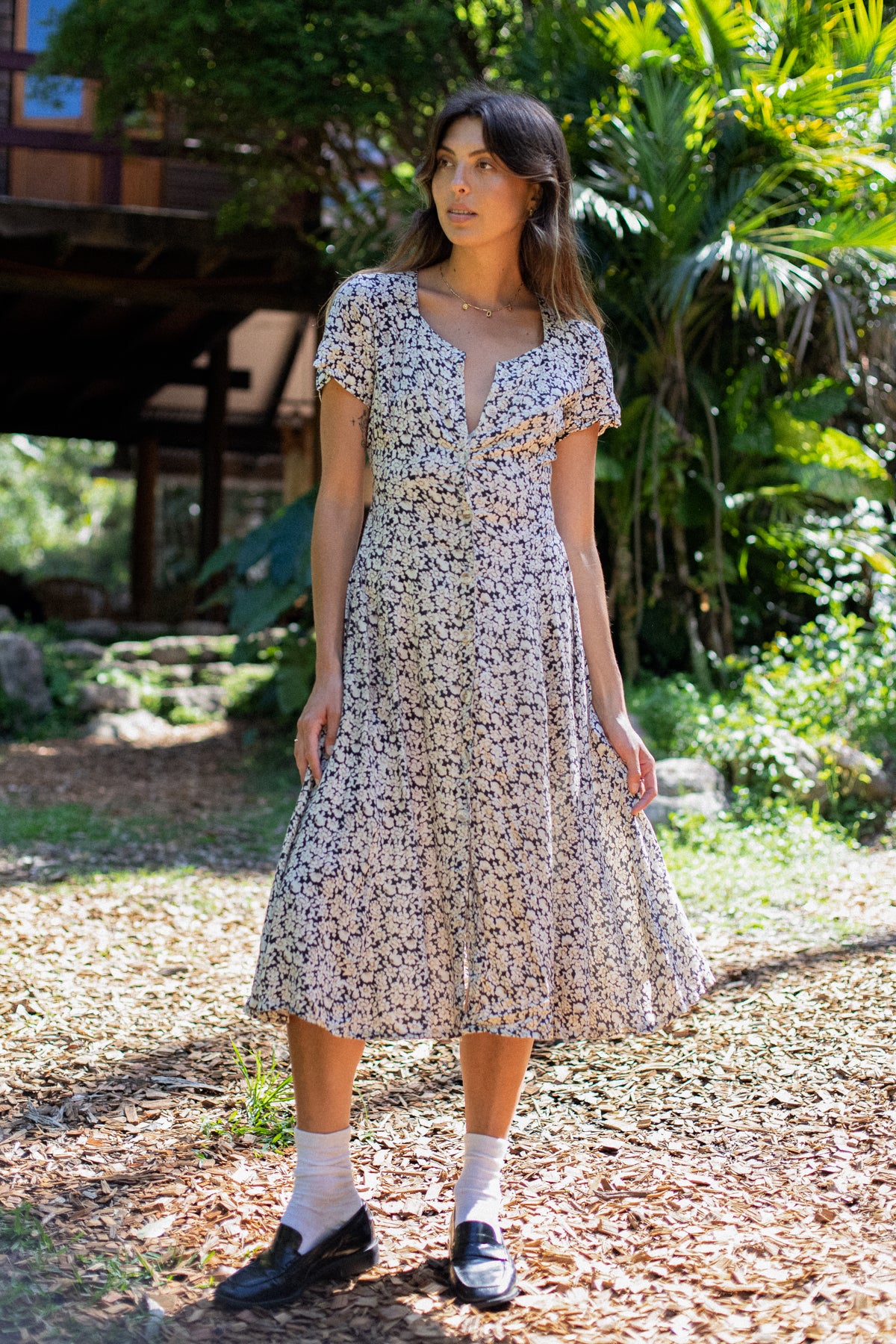 VINTAGE Floral Button Down Midi Day Dress S