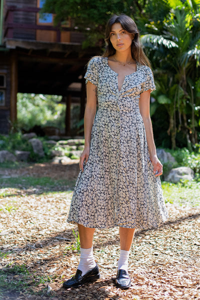 VINTAGE Floral Button Down Midi Day Dress S