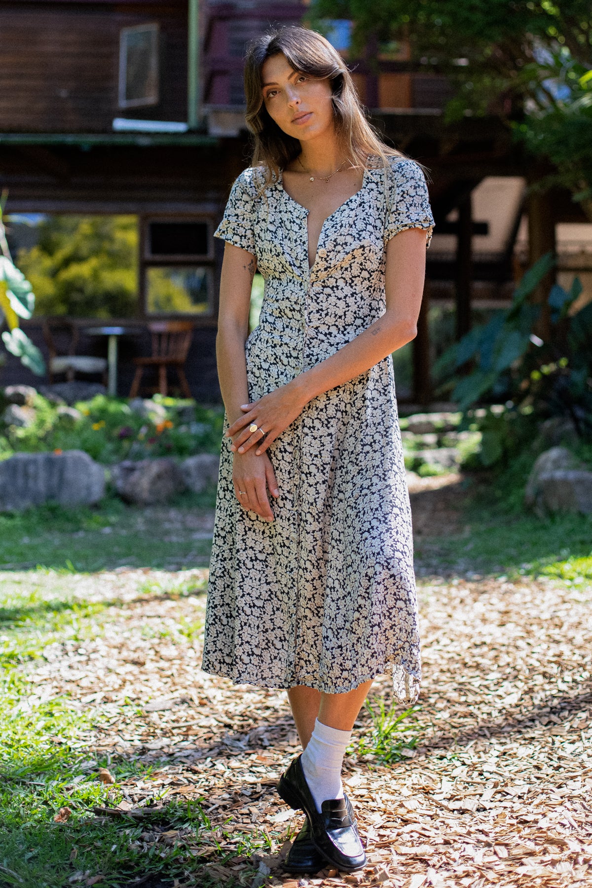 VINTAGE Floral Button Down Midi Day Dress S