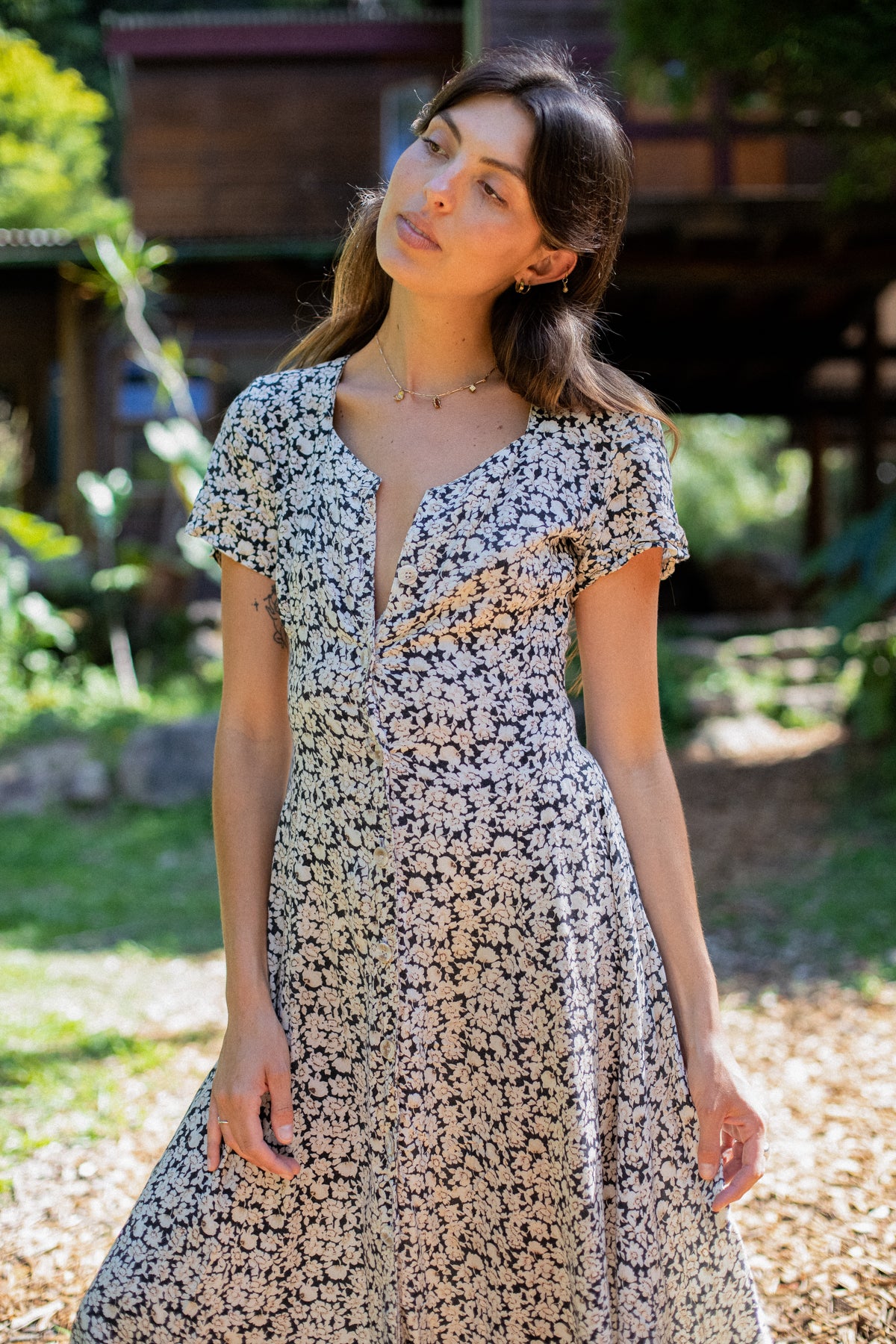 VINTAGE Floral Button Down Midi Day Dress S