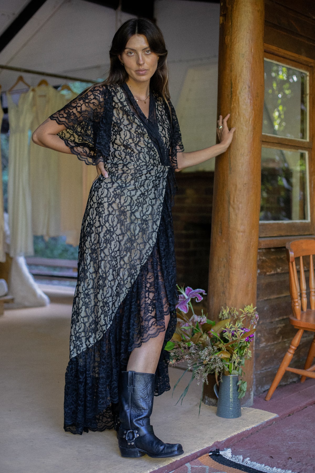 VINTAGE Black Lace Wrap Maxi Dress S/M