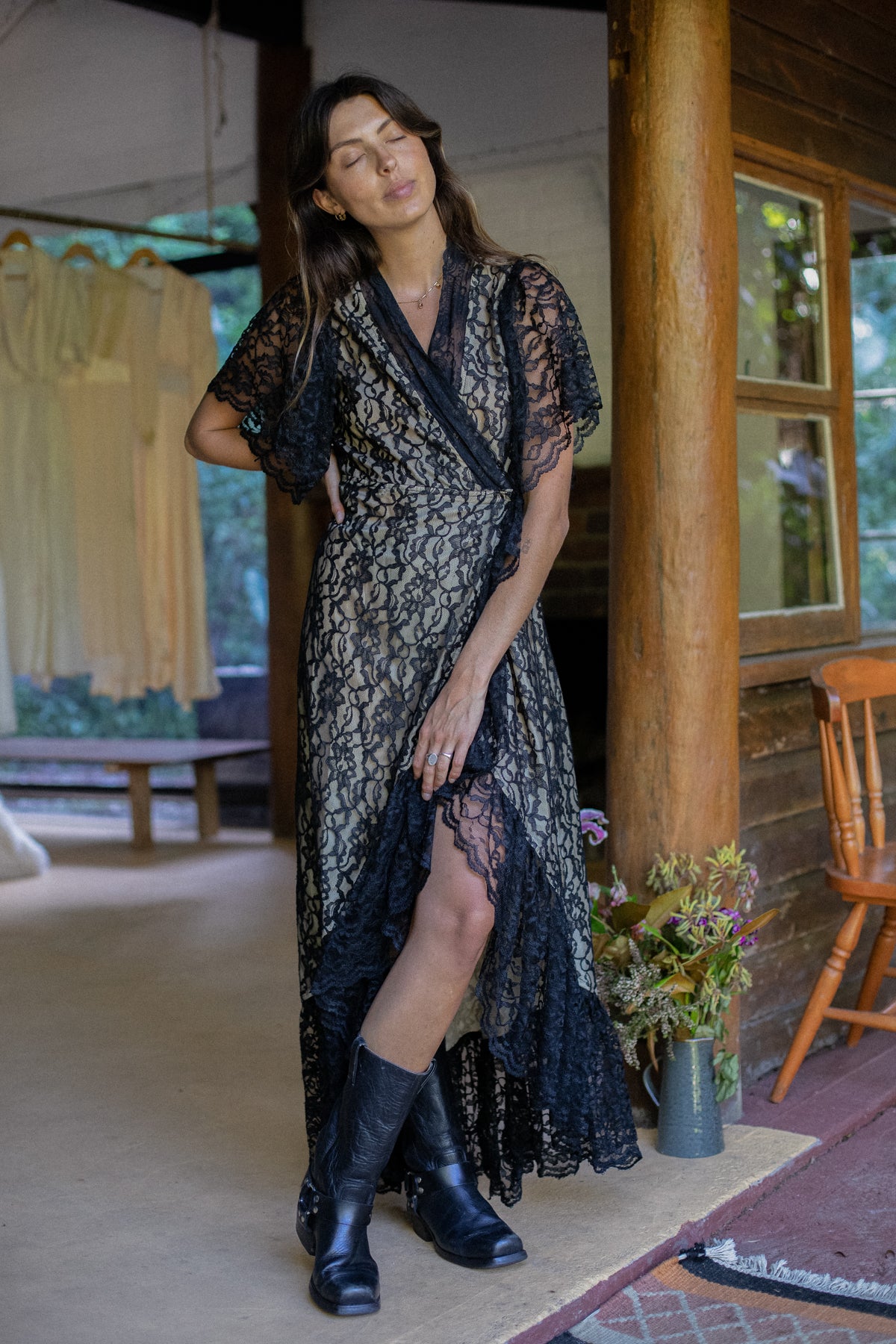 VINTAGE Black Lace Wrap Maxi Dress S/M