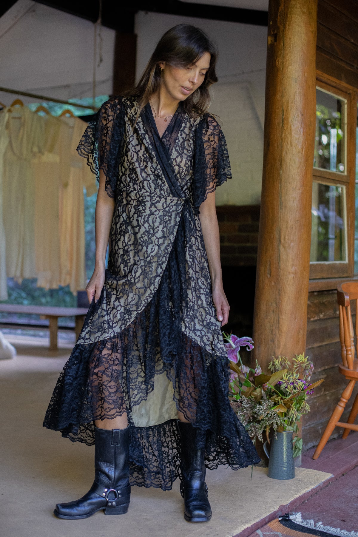 VINTAGE Black Lace Wrap Maxi Dress S/M