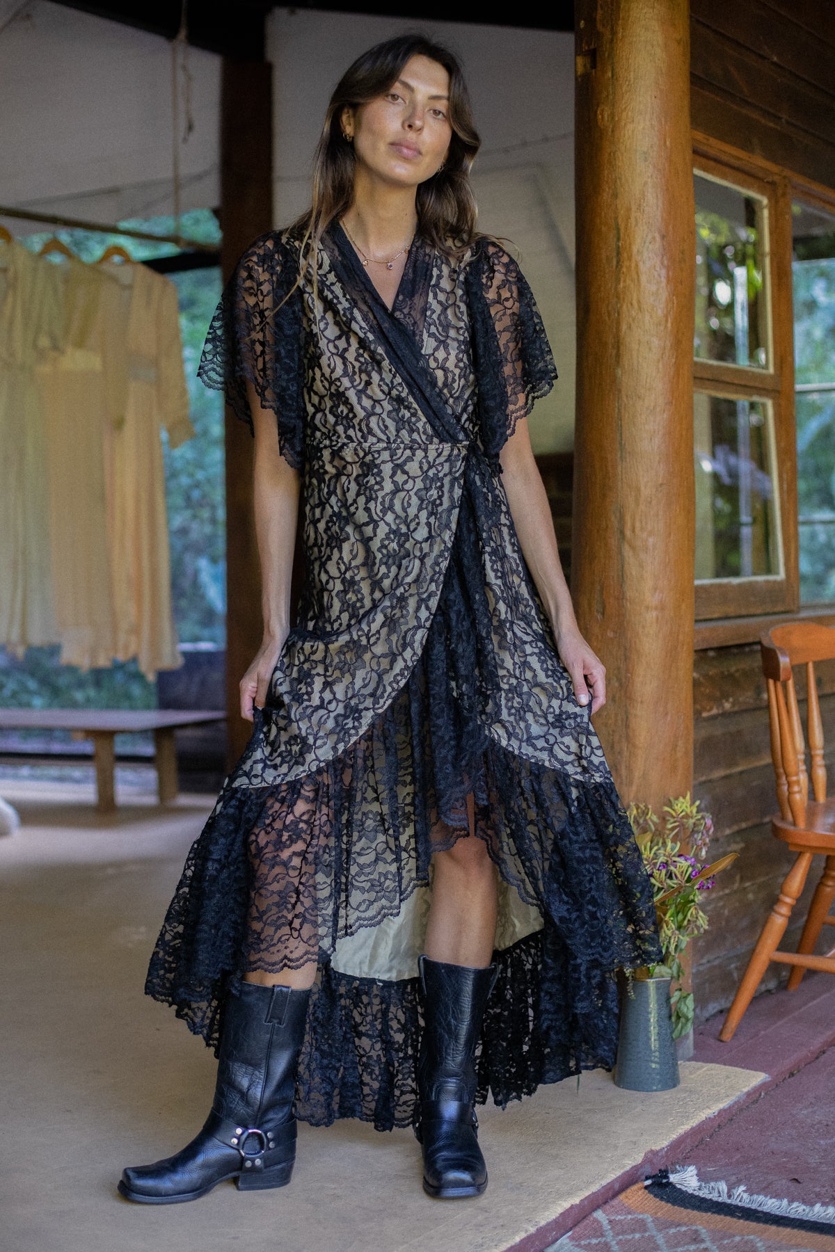 VINTAGE Black Lace Wrap Maxi Dress S/M