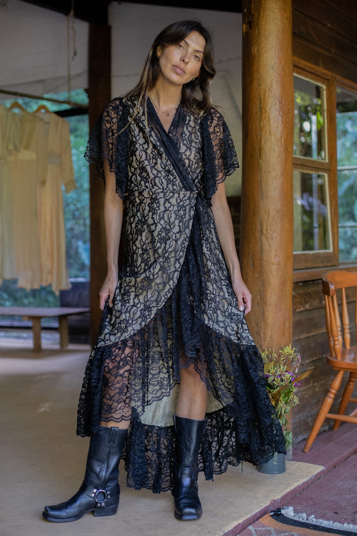 VINTAGE Black Lace Wrap Maxi Dress S/M