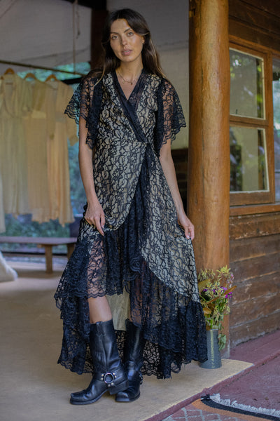 VINTAGE Black Lace Wrap Maxi Dress S/M