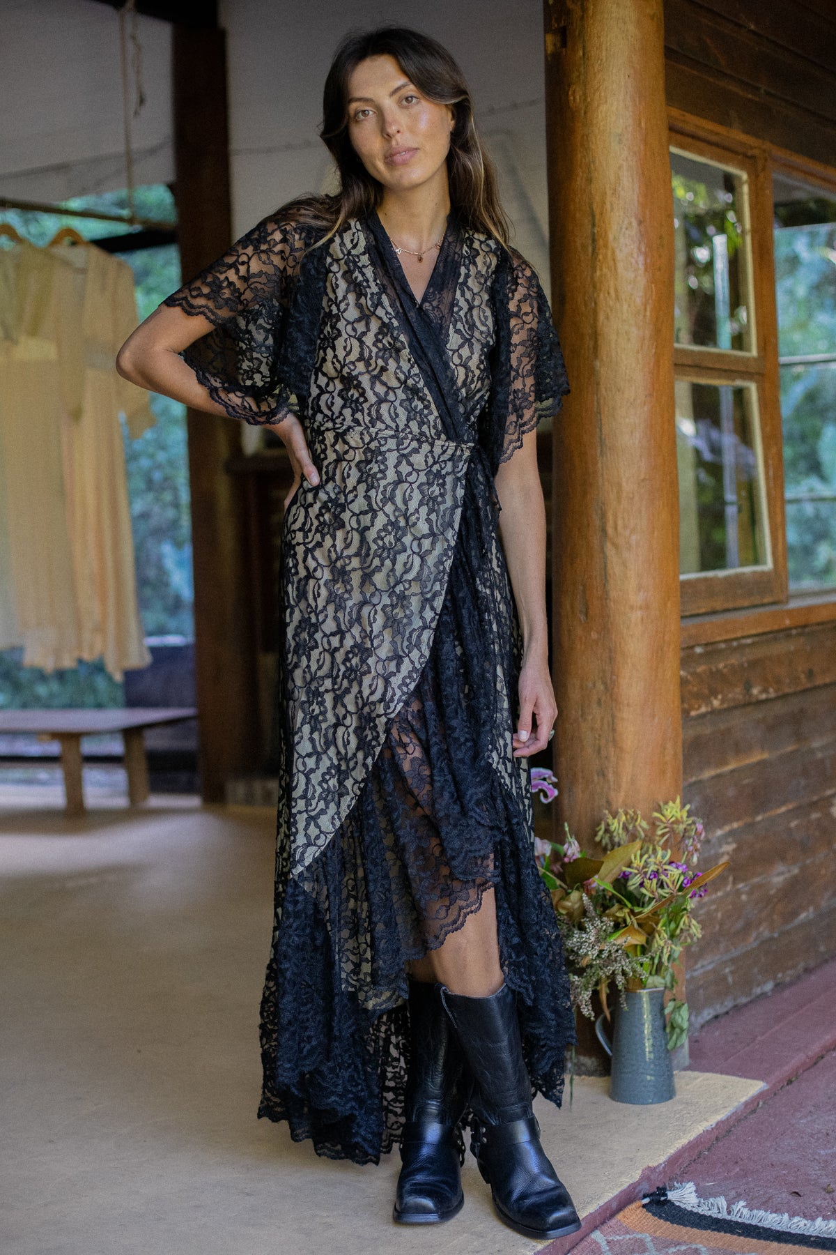 VINTAGE Black Lace Wrap Maxi Dress S/M