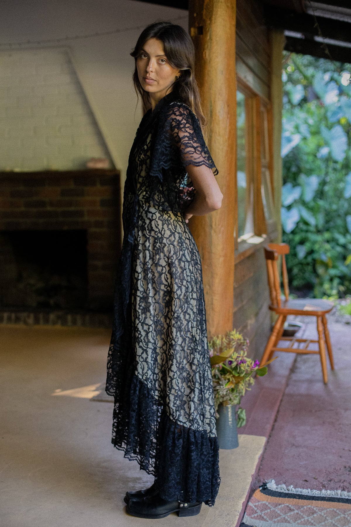 VINTAGE Black Lace Wrap Maxi Dress S/M