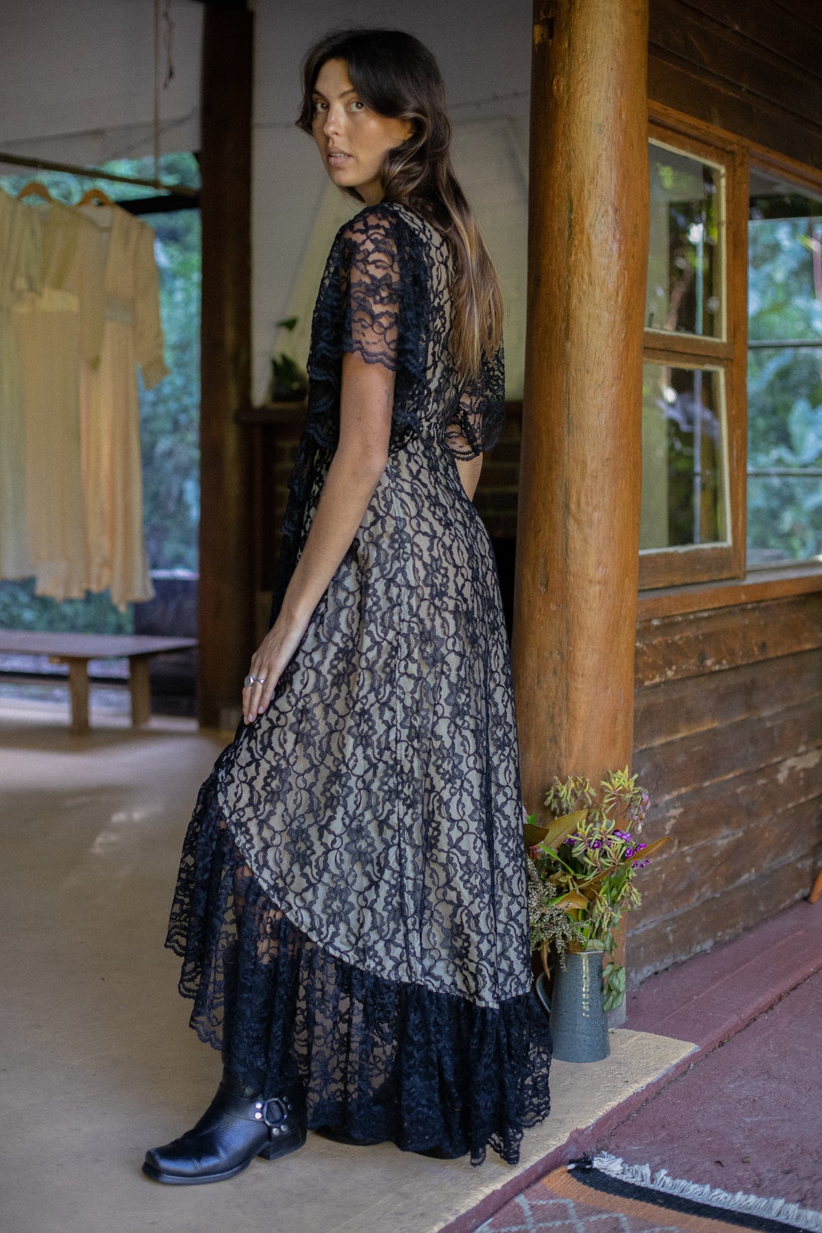 VINTAGE Black Lace Wrap Maxi Dress S/M