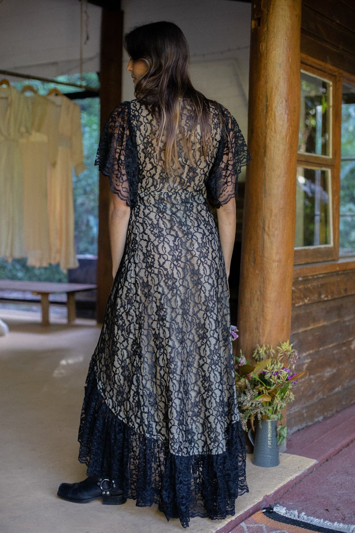 VINTAGE Black Lace Wrap Maxi Dress S/M