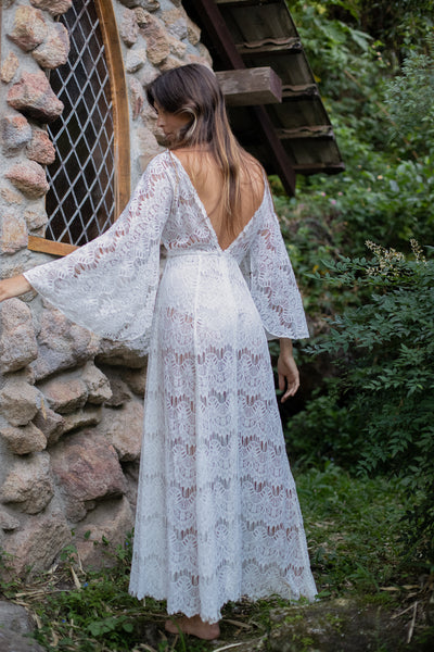 VINTAGE 1970's Reworked Low Back Angel Sleeve Lace Maxi Dress S/M