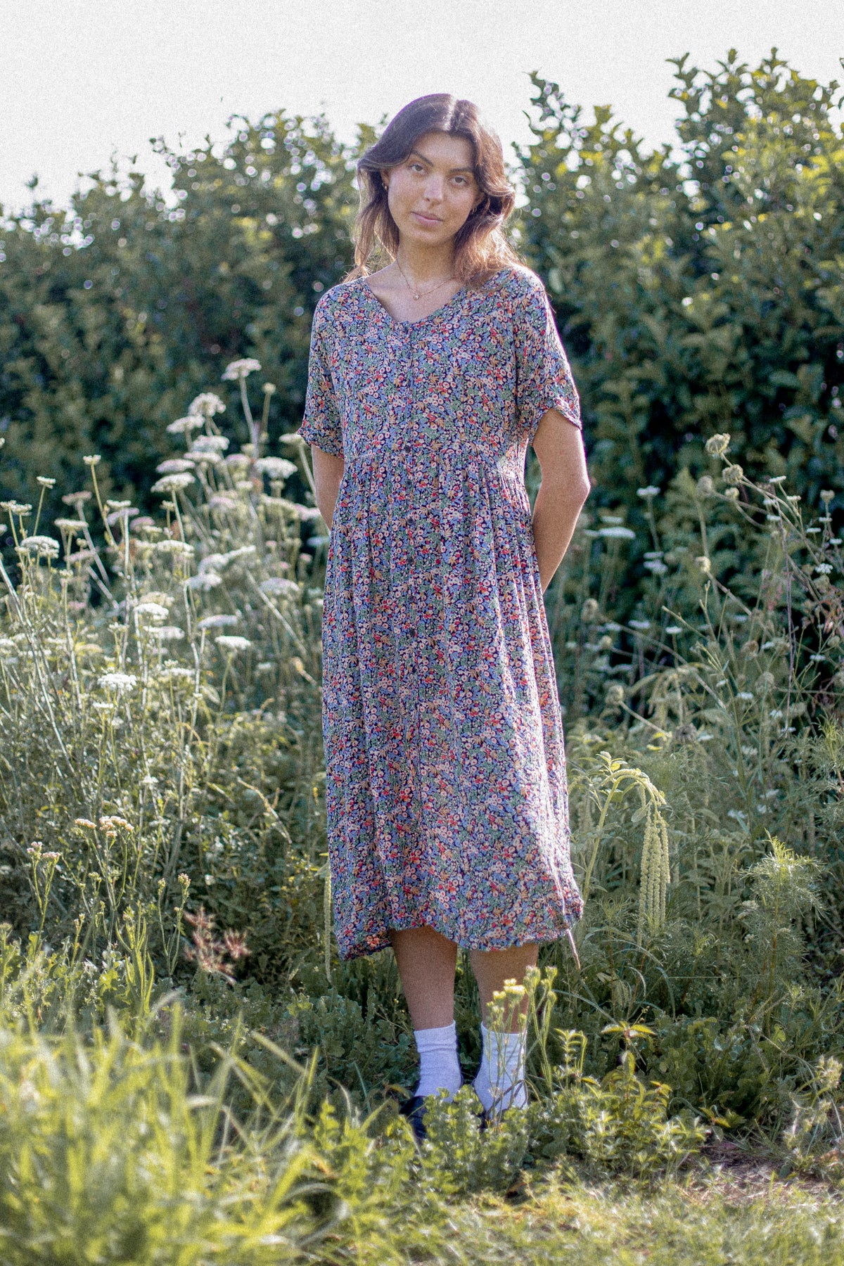 VINTAGE 1990's Floral Button Down Midi Summer Dress M