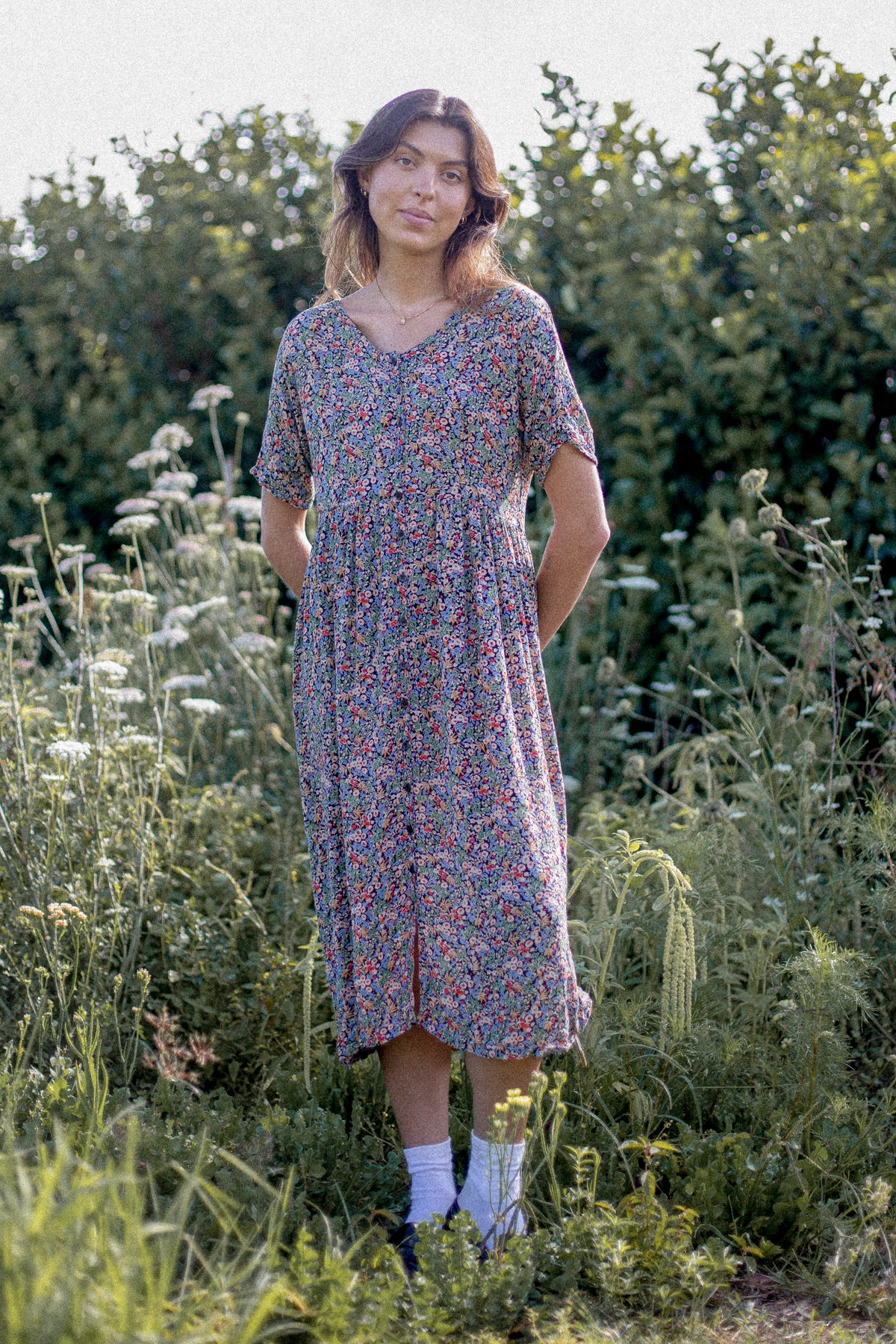 VINTAGE 1990's Floral Button Down Midi Summer Dress M