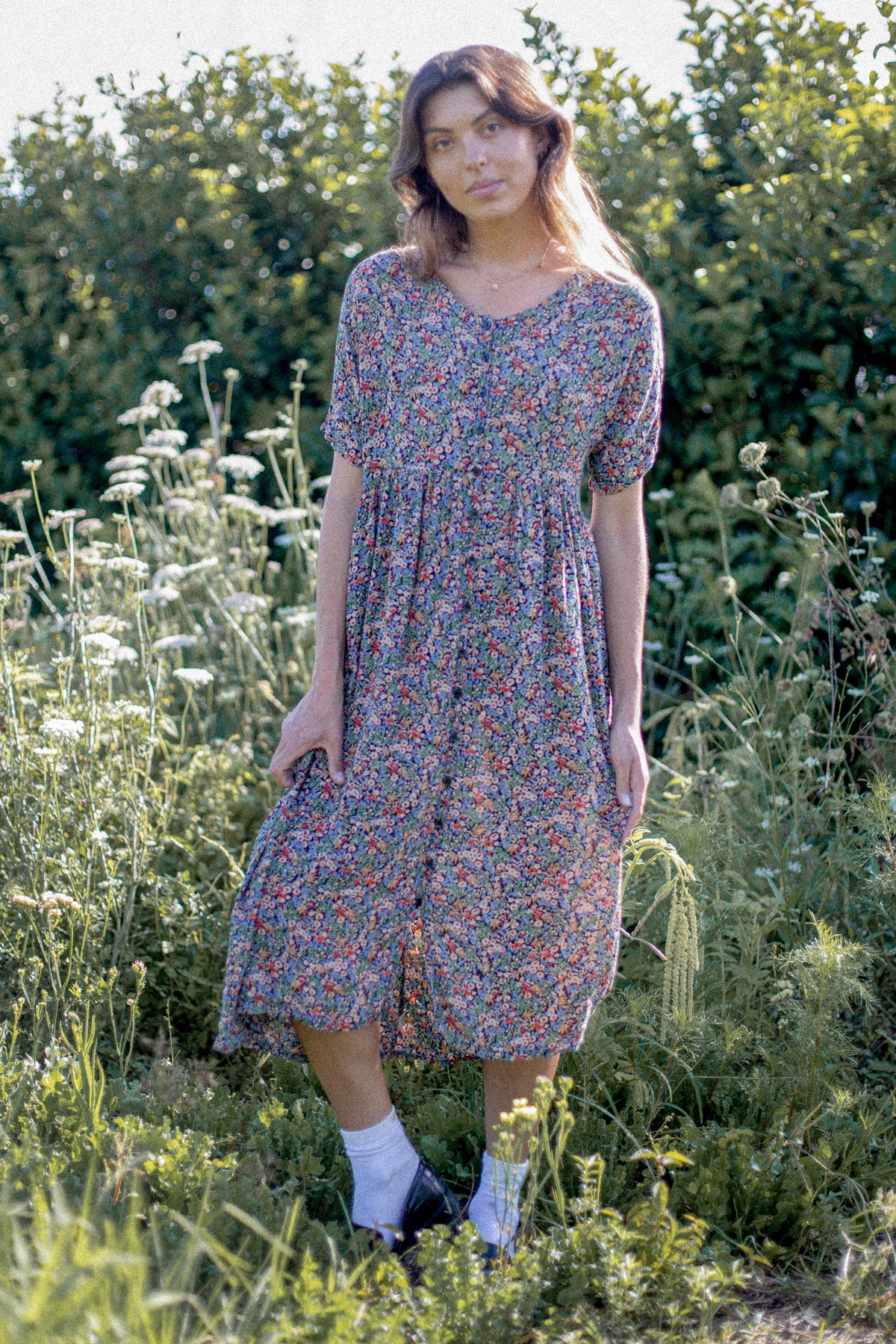 VINTAGE 1990's Floral Button Down Midi Summer Dress M