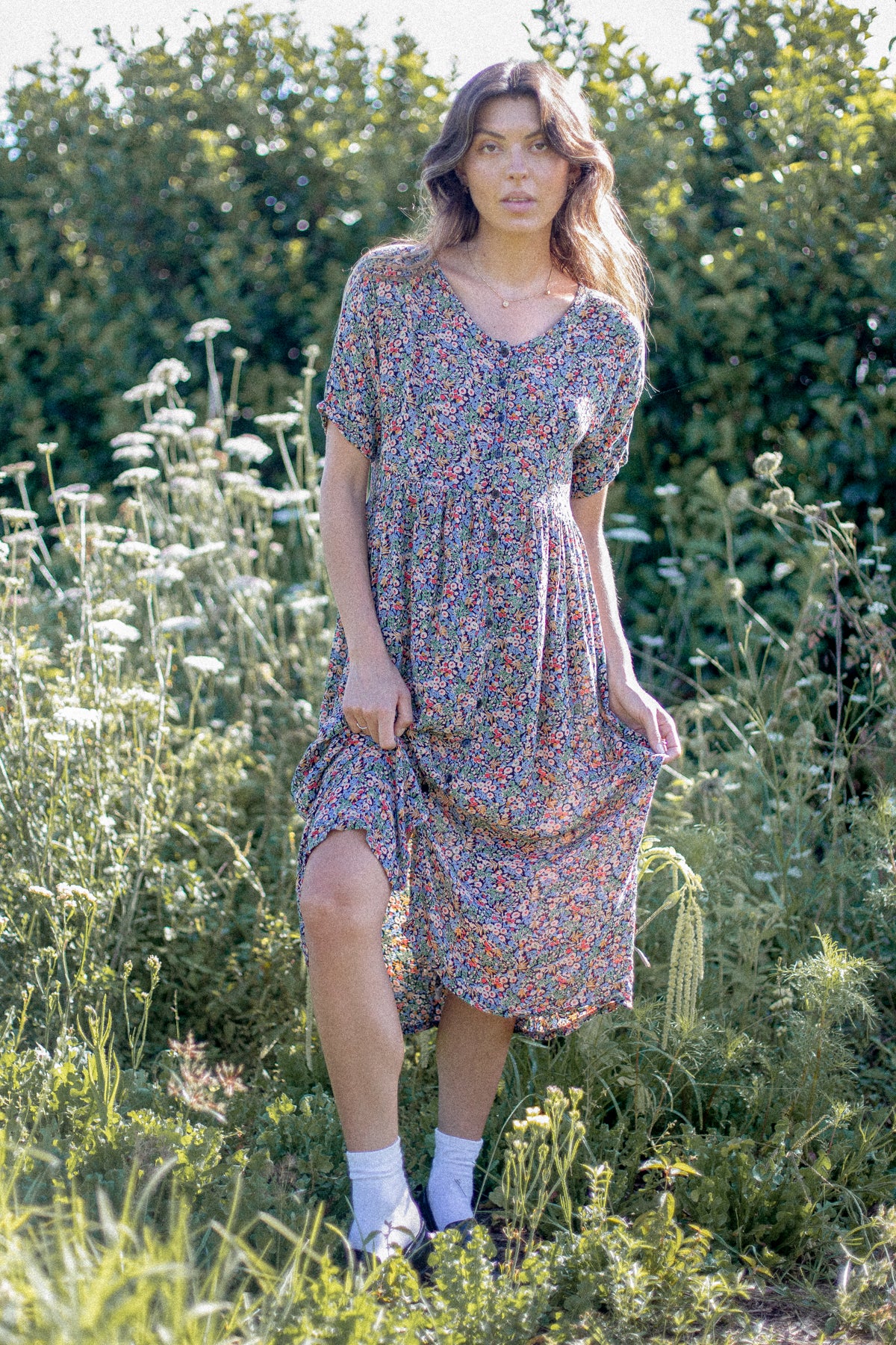 VINTAGE 1990's Floral Button Down Midi Summer Dress M