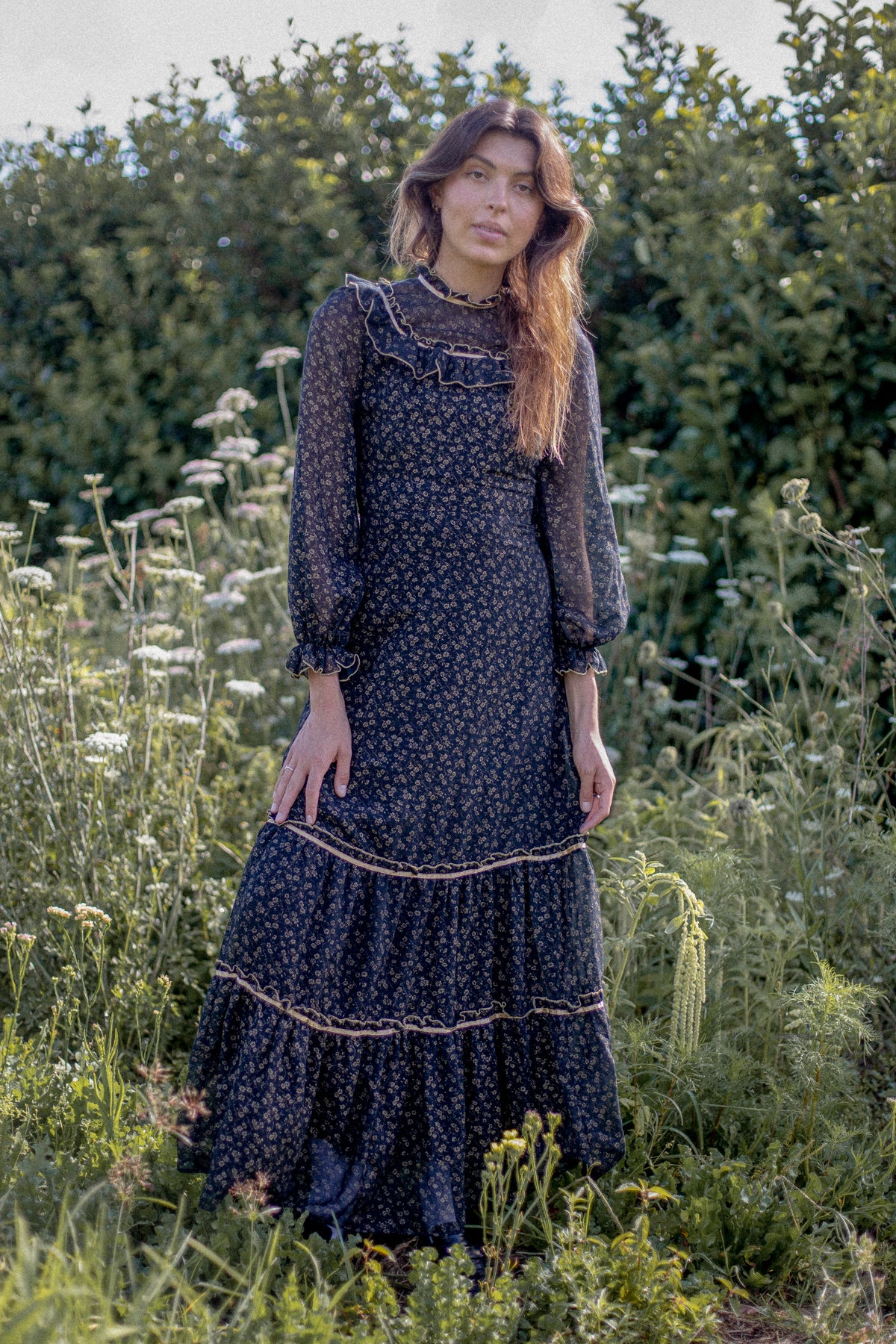 VINTAGE 1970's Black Ditsy Floral Maxi Cotton Prairie Dress XS/S