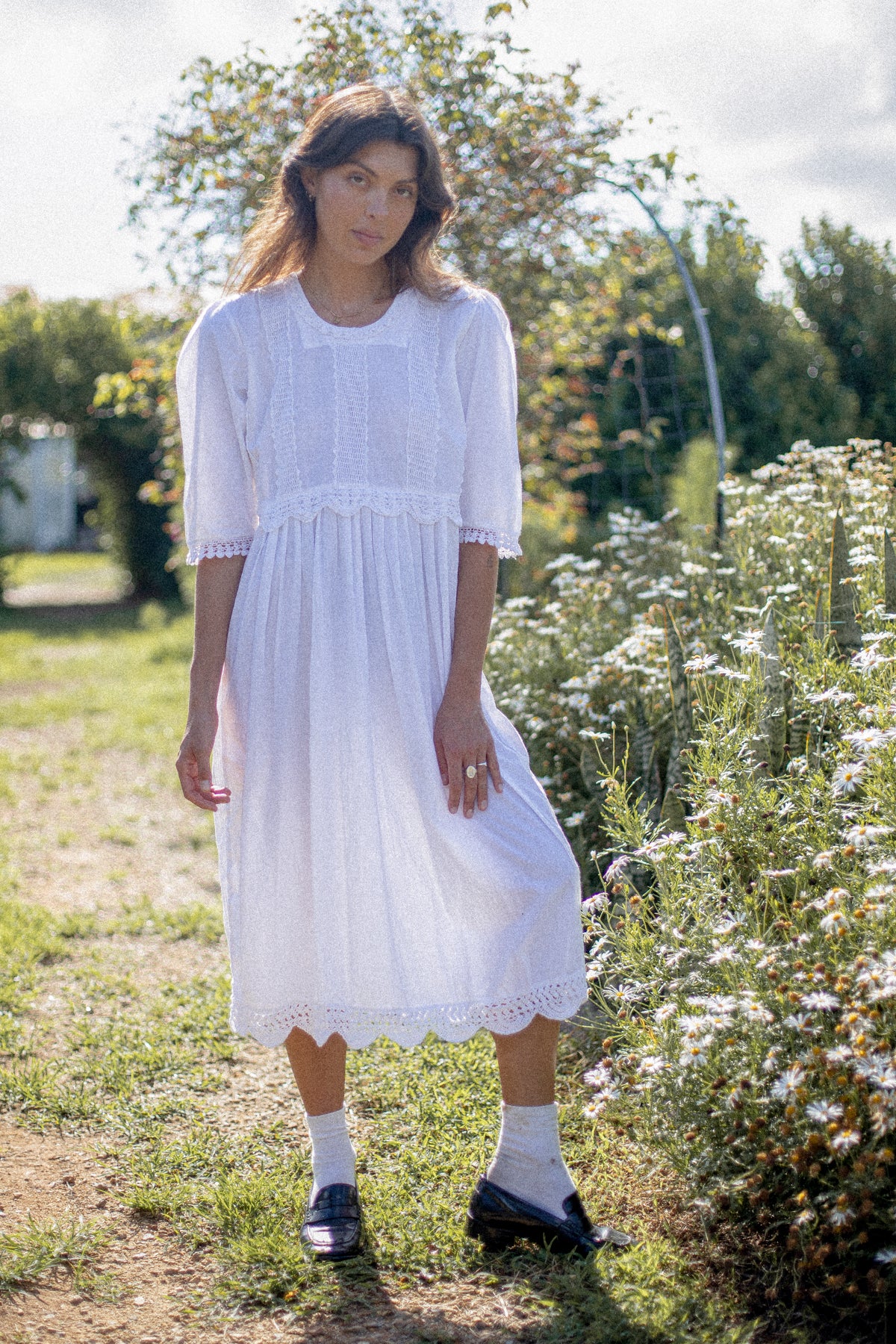 VINTAGE White Cotton Crochet Lace Panel Midi Dress M/L