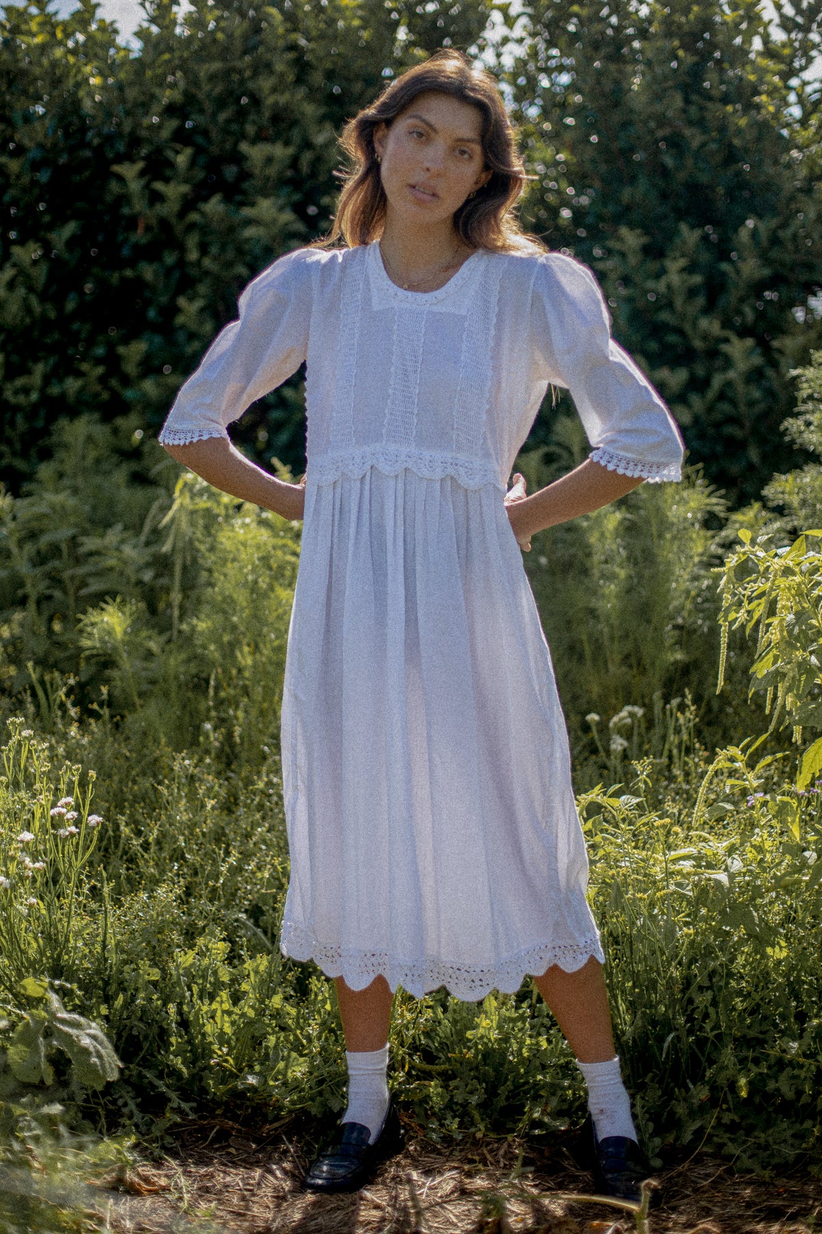 VINTAGE White Cotton Crochet Lace Panel Midi Dress M/L