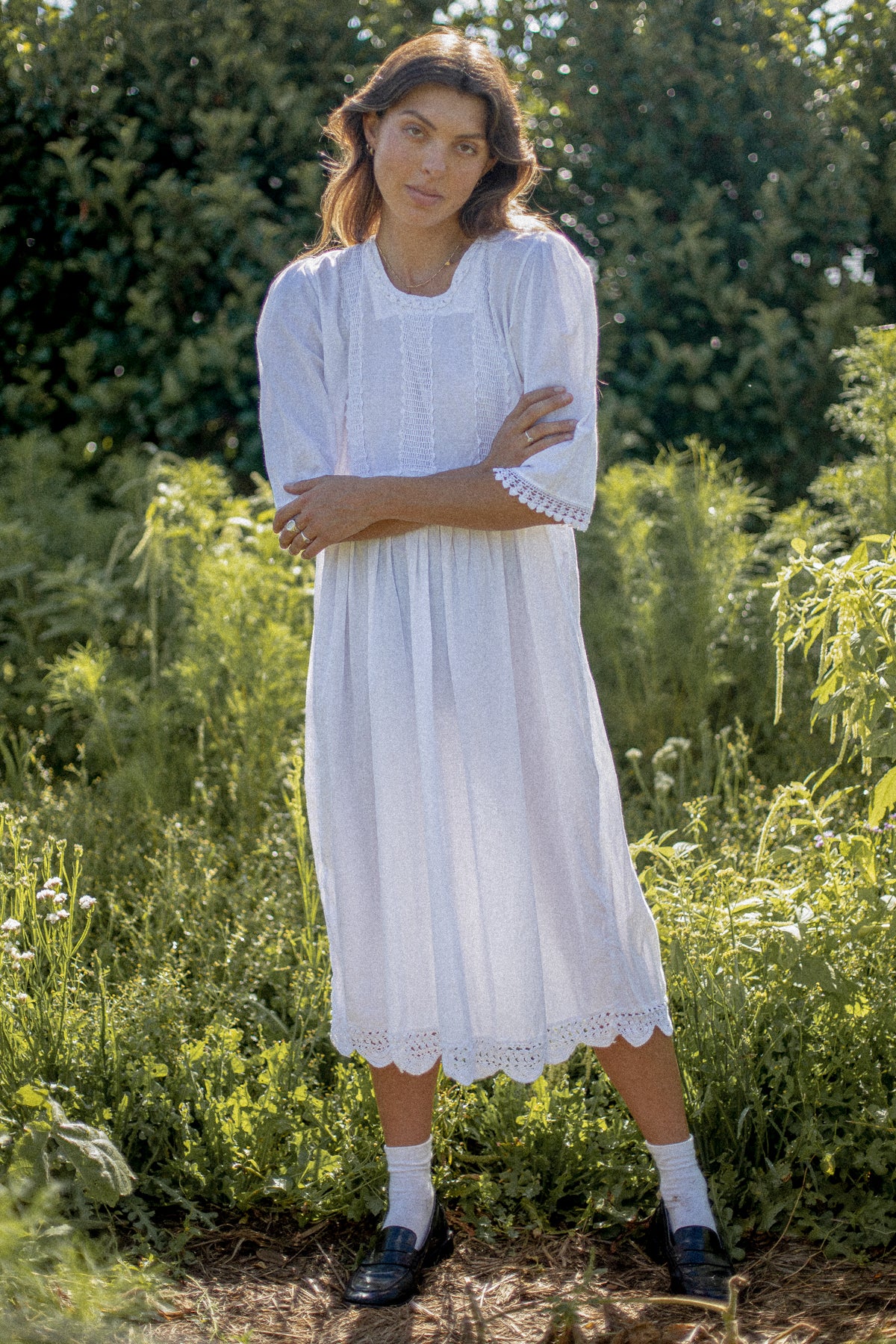 VINTAGE White Cotton Crochet Lace Panel Midi Dress M/L