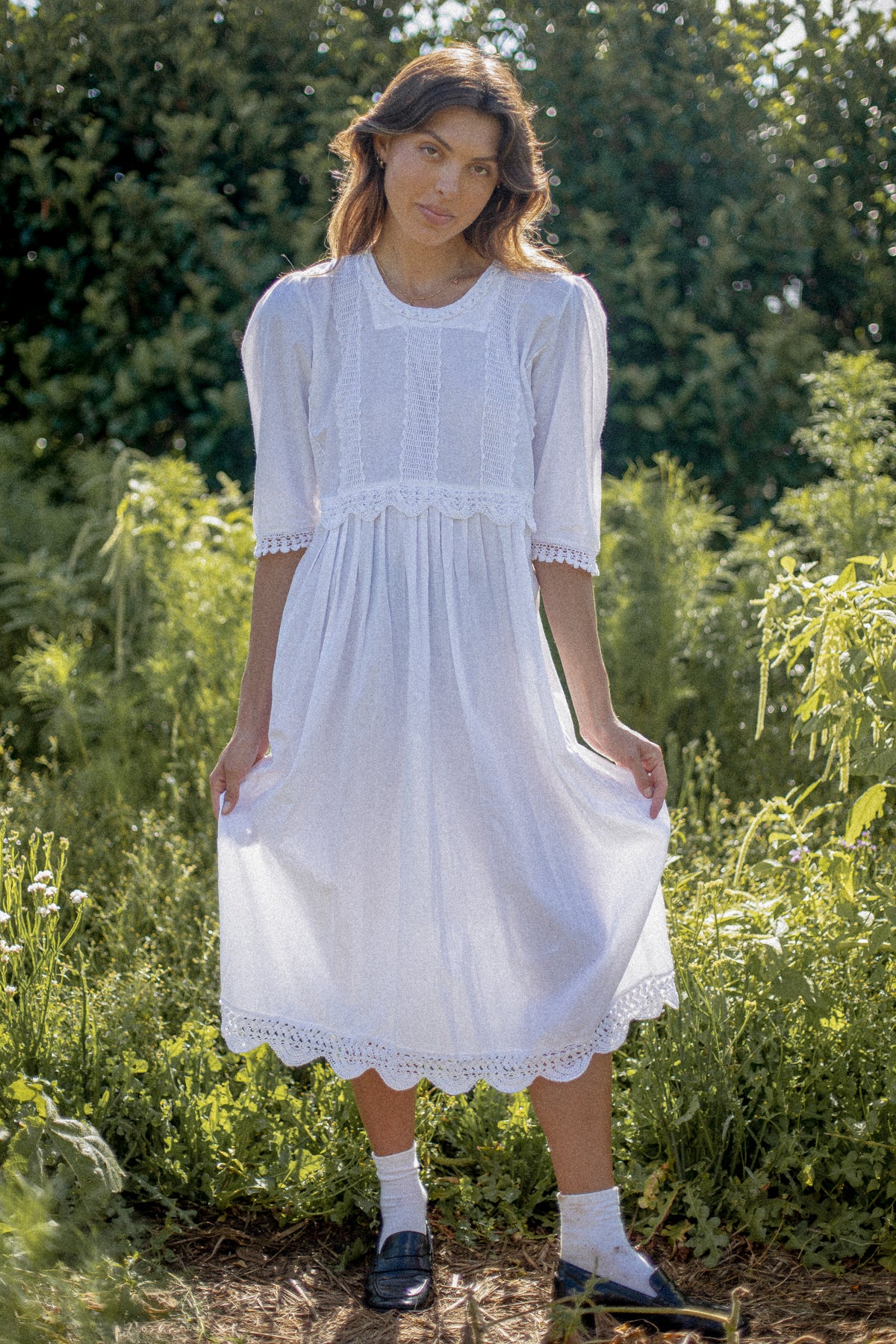 VINTAGE White Cotton Crochet Lace Panel Midi Dress M/L