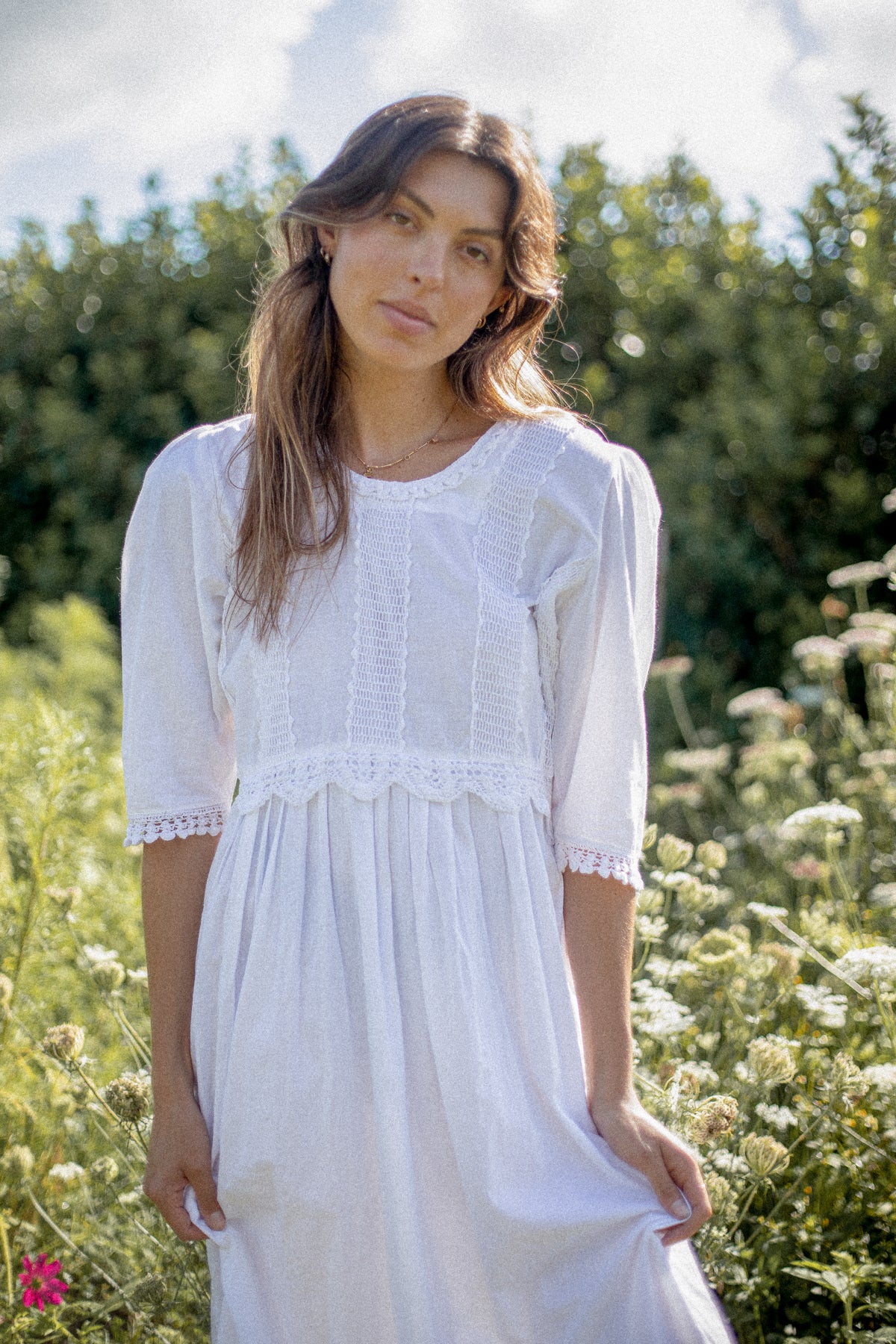 VINTAGE White Cotton Crochet Lace Panel Midi Dress M/L