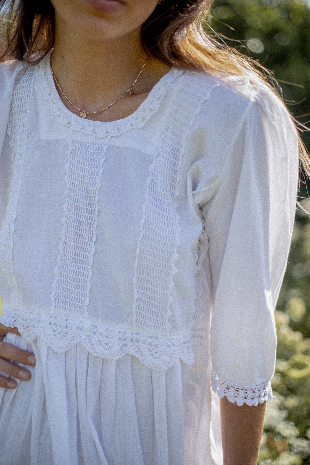 VINTAGE White Cotton Crochet Lace Panel Midi Dress M/L