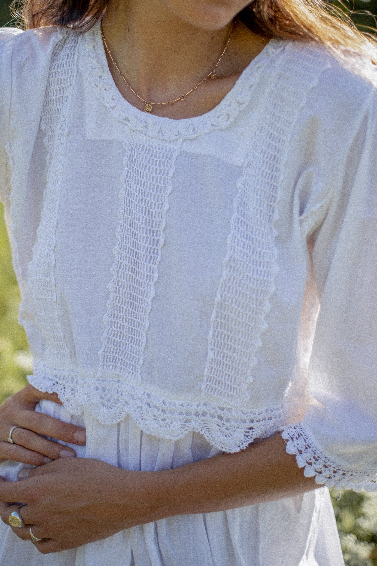 VINTAGE White Cotton Crochet Lace Panel Midi Dress M/L