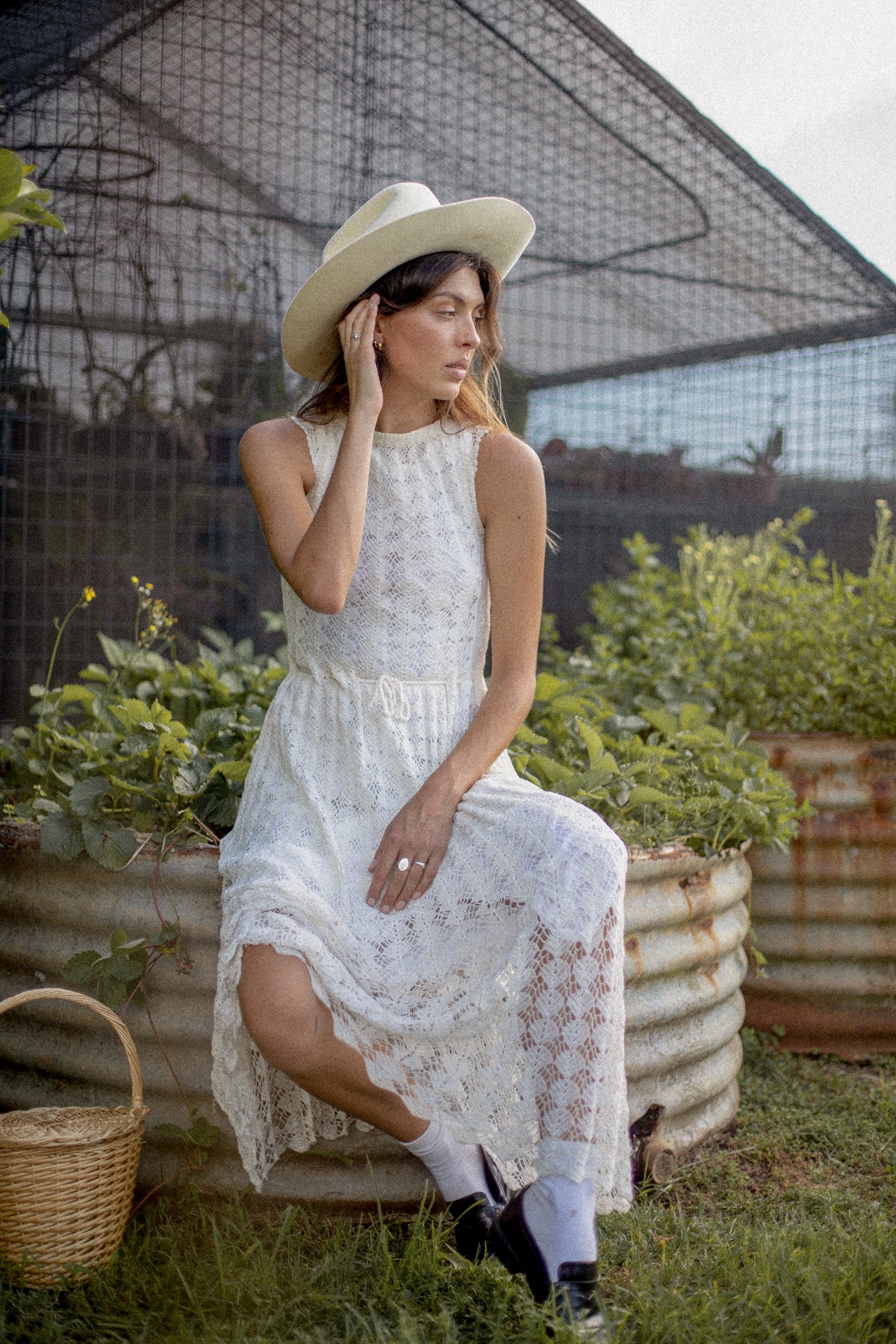 VINTAGE 1960's White Crochet Maxi Gown Dress S/M