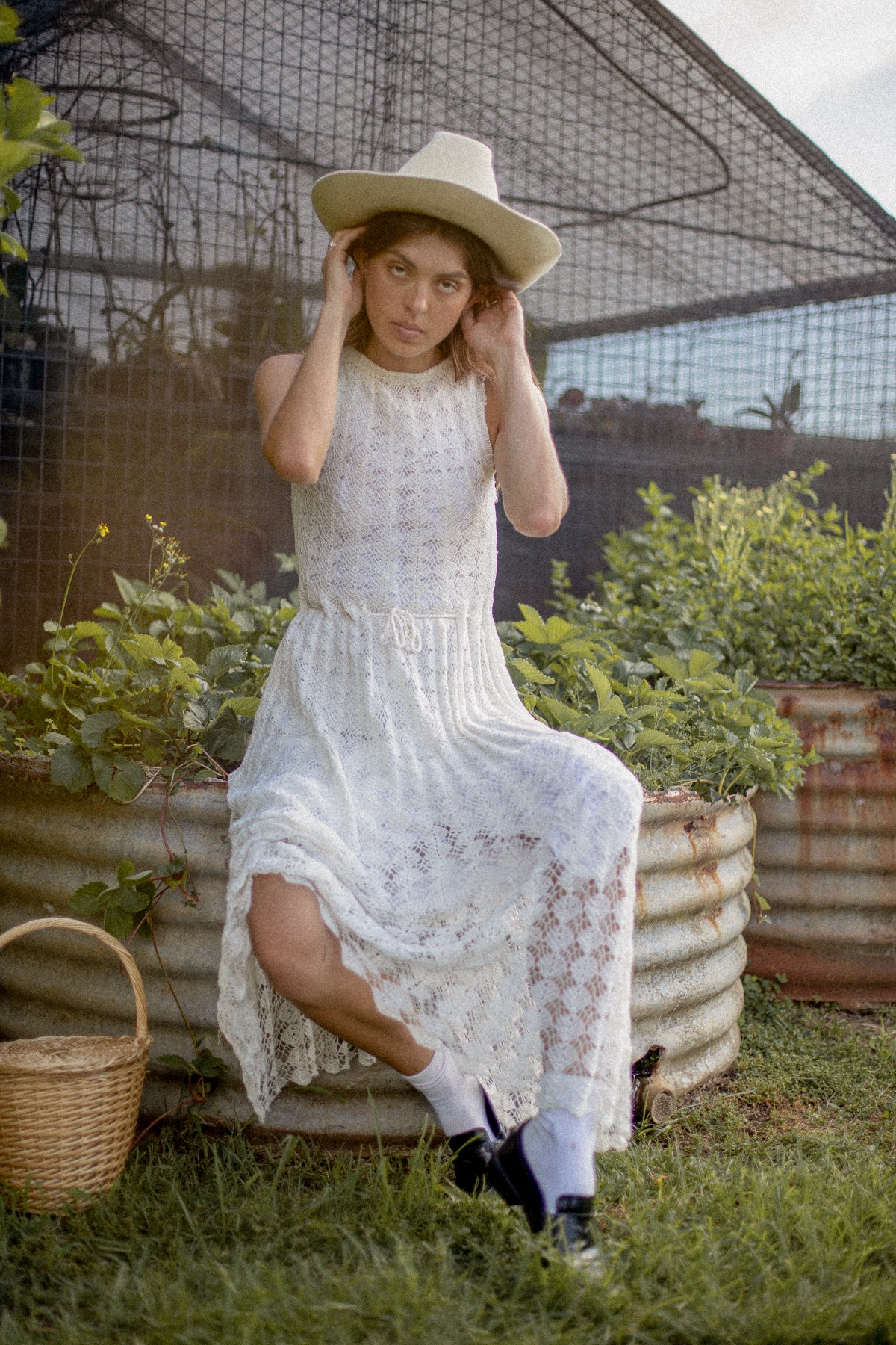 VINTAGE 1960's White Crochet Maxi Gown Dress S/M