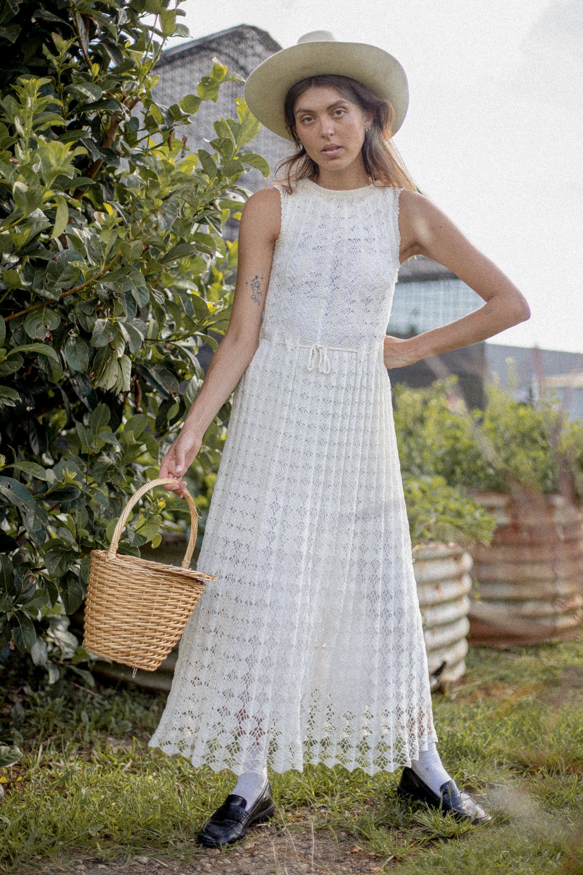 VINTAGE 1960's White Crochet Maxi Gown Dress S/M