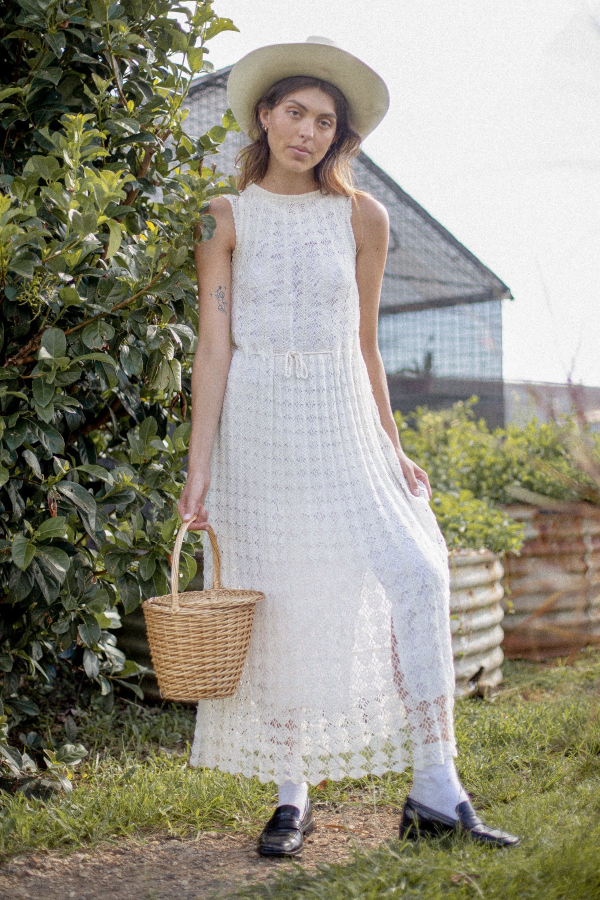 VINTAGE 1960's White Crochet Maxi Gown Dress S/M