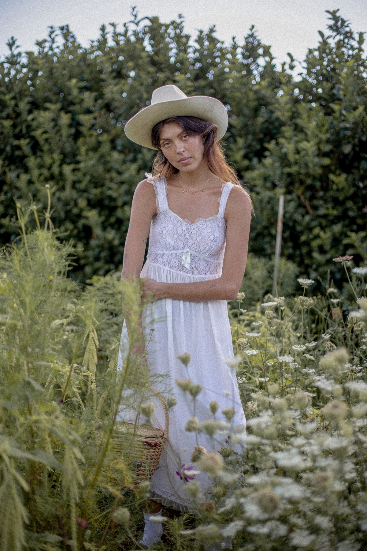 VINTAGE 1930's White Lace Yoke Nightgown Maxi Dress S