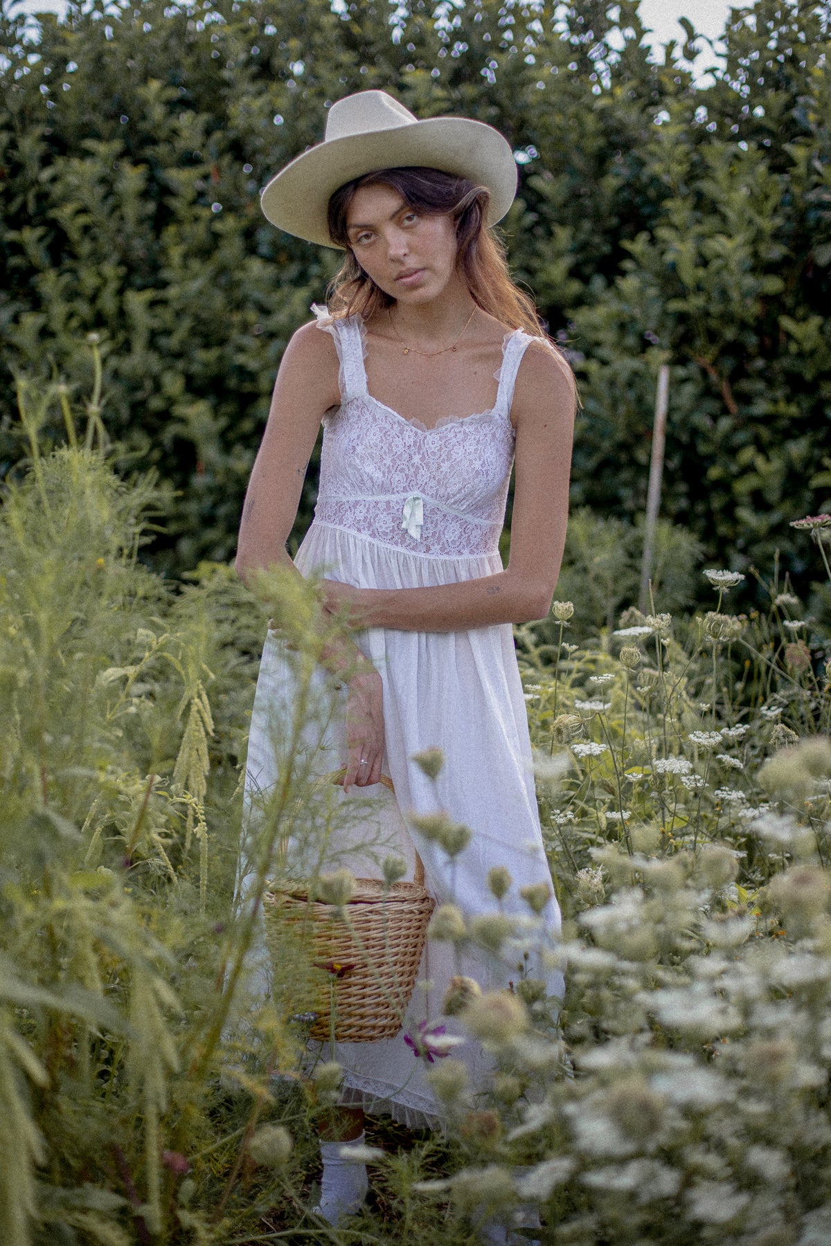 VINTAGE 1930's White Lace Yoke Nightgown Maxi Dress S