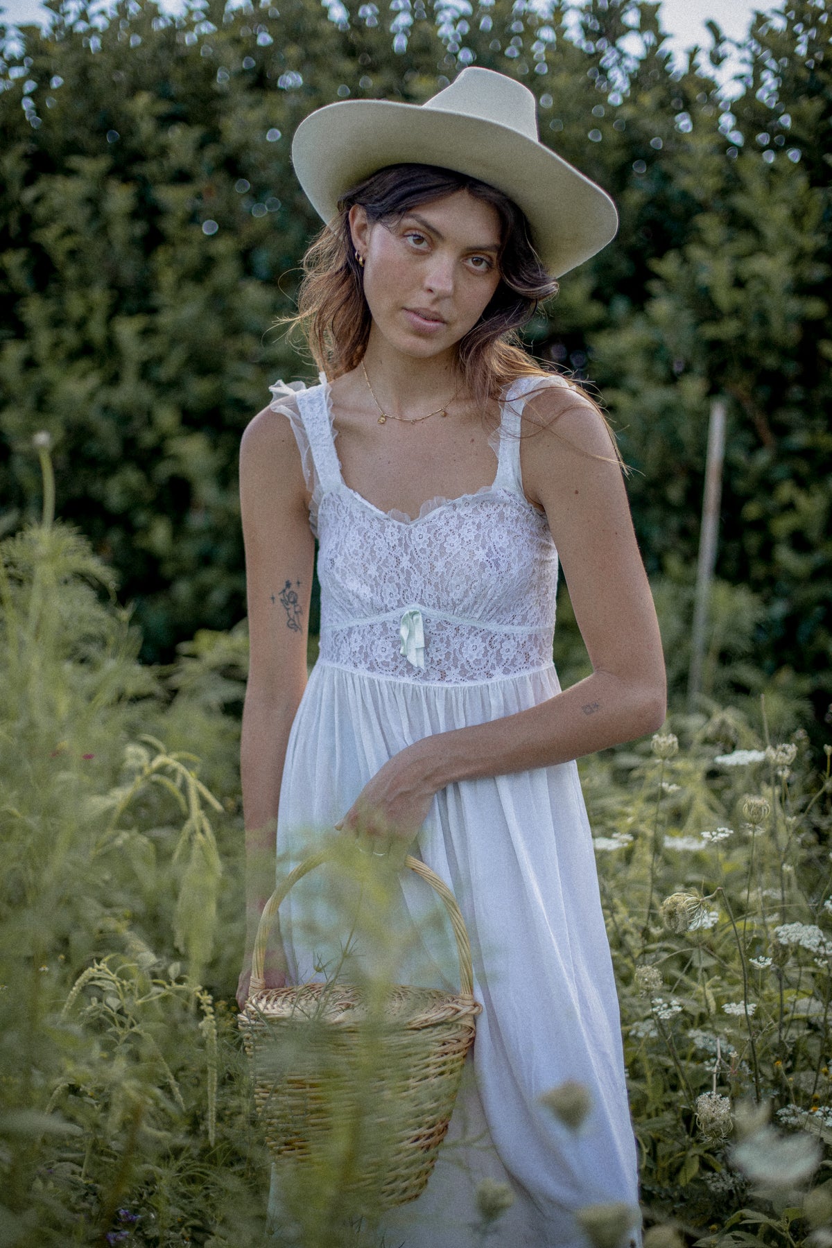 VINTAGE 1930's White Lace Yoke Nightgown Maxi Dress S