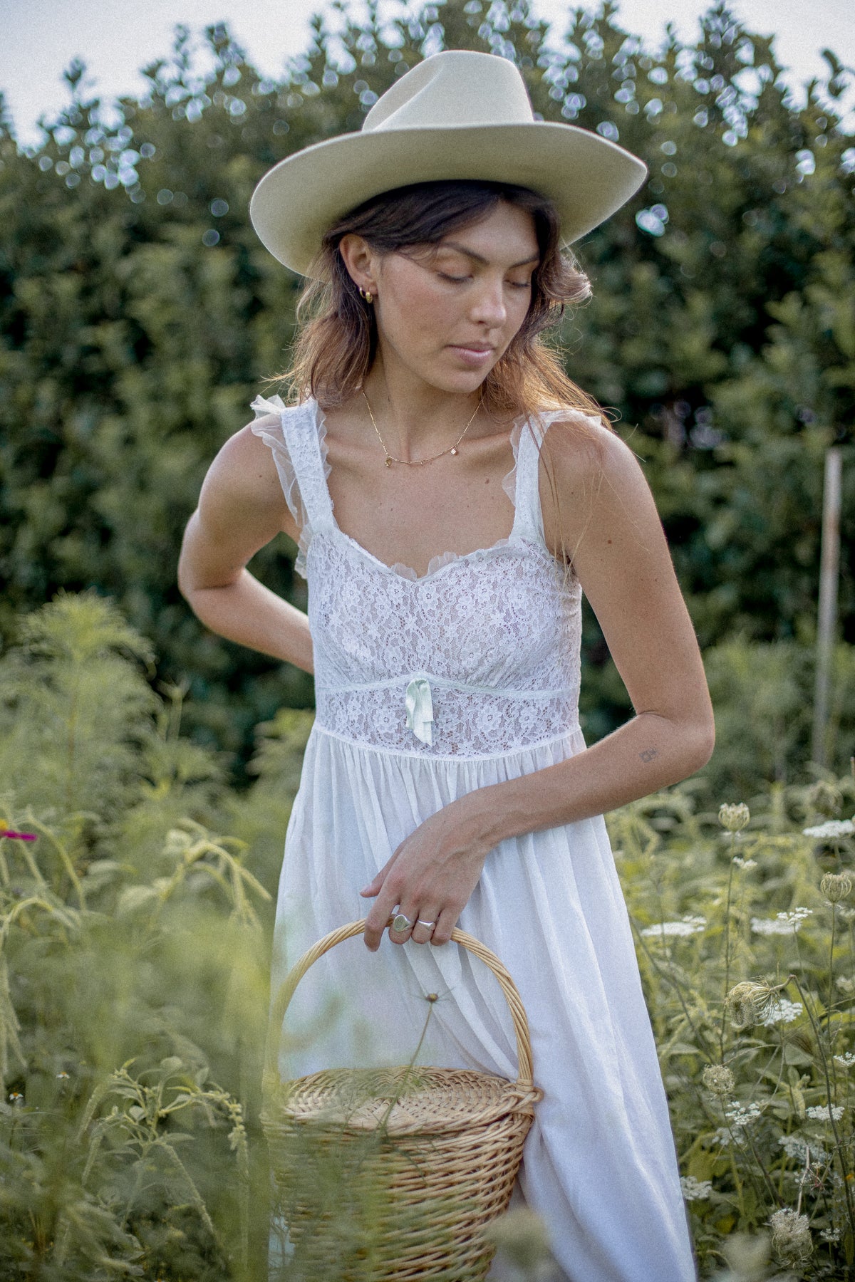 VINTAGE 1930's White Lace Yoke Nightgown Maxi Dress S