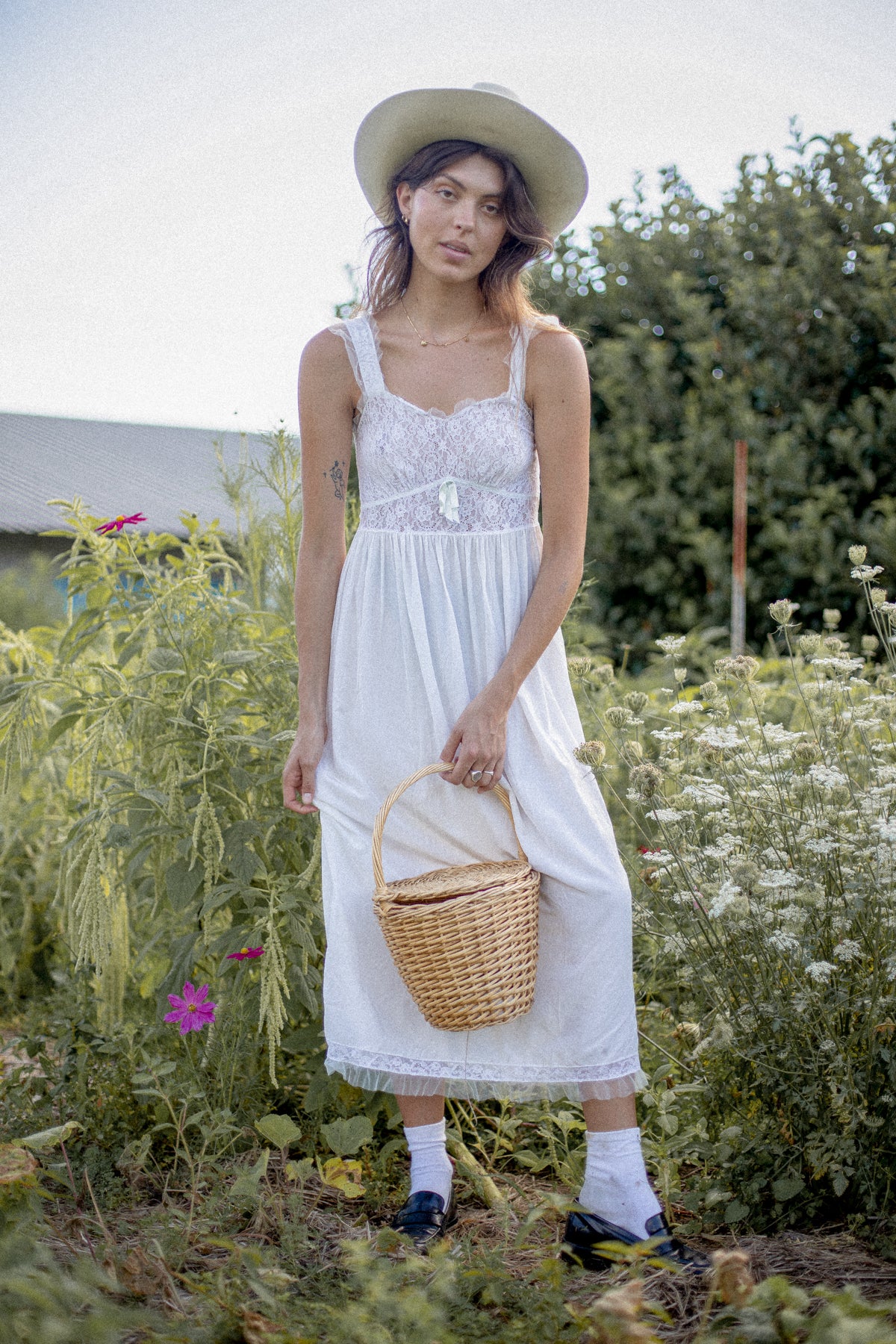 VINTAGE 1930's White Lace Yoke Nightgown Maxi Dress S