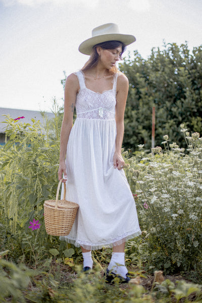 VINTAGE 1930's White Lace Yoke Nightgown Maxi Dress S