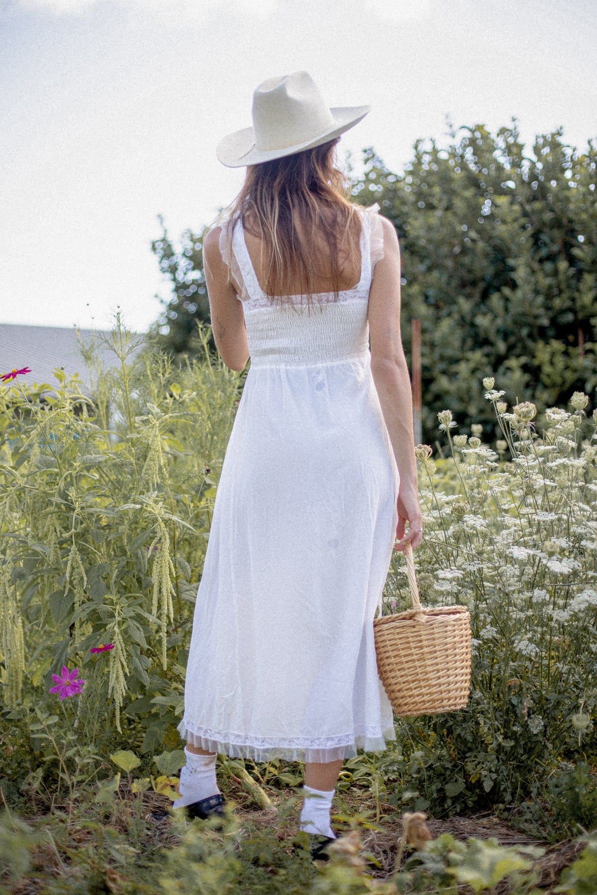 VINTAGE 1930's White Lace Yoke Nightgown Maxi Dress S