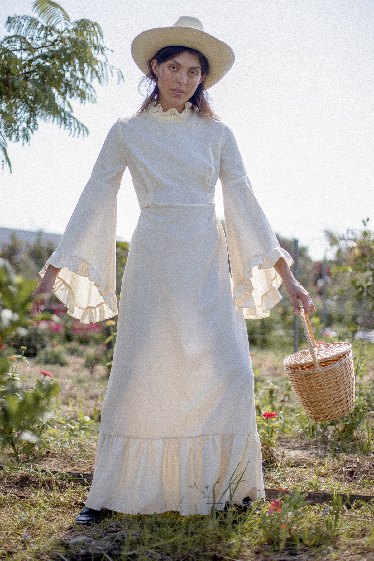 VINTAGE 1960's Ivory Angel Sleeve Maxi Dress S/M